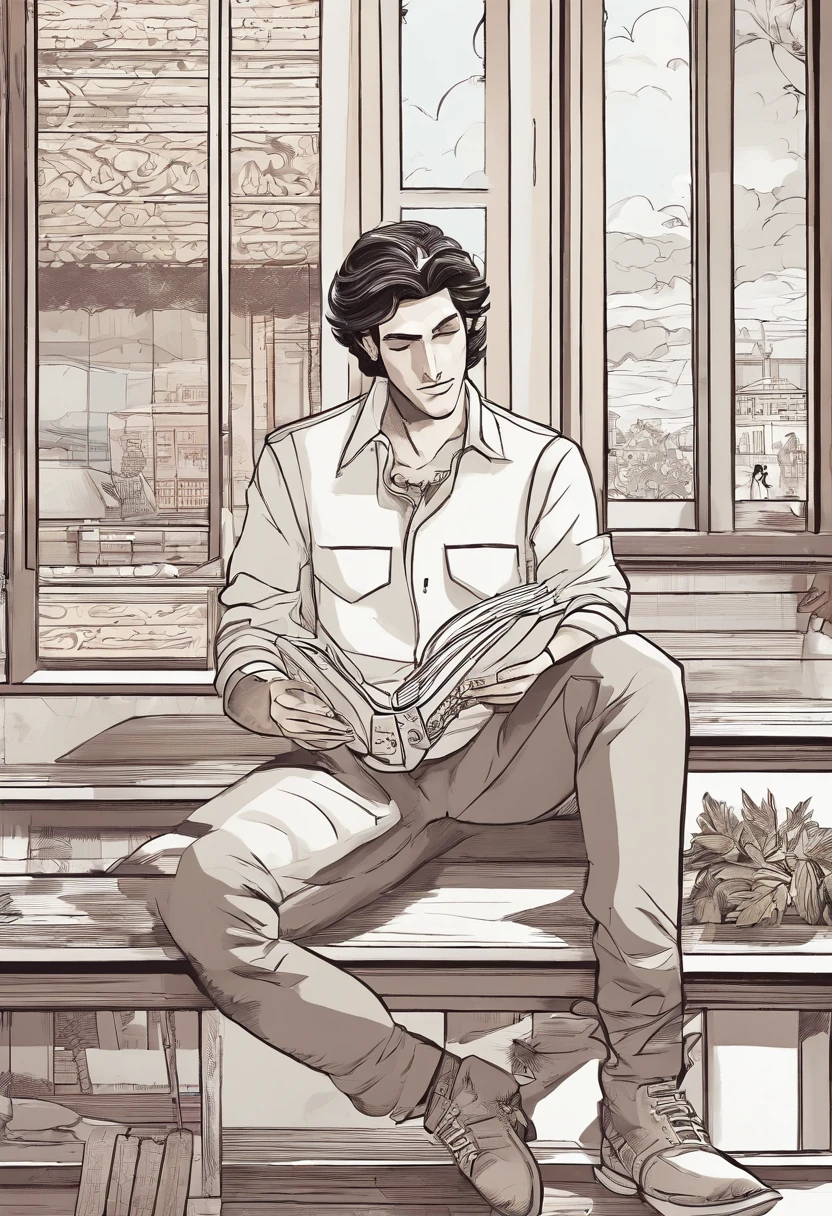 "Por favor, Create an image of a brunette man with Brazilian characteristics, sentado em um banco ao ar livre, tocando um ukulele. The scene should convey a sense of serenity and joy, with emphasis on the facial and cultural features that make the Brazilian man easily identifiable. Be sure to capture the relaxed atmosphere of the music and the natural scenery around the bench."