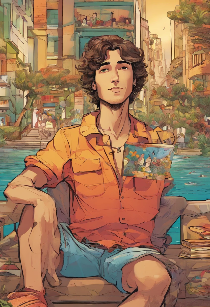 "Por favor, Create an image of a brunette man with Brazilian characteristics, sentado em um banco ao ar livre, tocando um ukulele. The scene should convey a sense of serenity and joy, with emphasis on the facial and cultural features that make the Brazilian man easily identifiable. Be sure to capture the relaxed atmosphere of the music and the natural scenery around the bench."