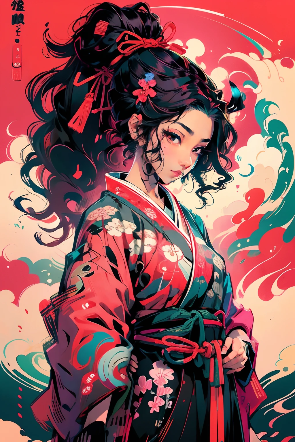 It is a full-body painting with natural colors with Katsushika Hokusai-style line drawings.。Kengo、1little girl、Japan Female Samurai。Rin々With a look of determination,、Long black hair and ponytail、The upper body is covered in a red kimono.、Hakama is Hakamajo。Japan holding a sword in both hands。Raising the arm above the head and trying to cut it off from the top of the head。With the highest quality、In the swirling flames of masterpiece high-resolution ukiyo-e style。beautiful countenance、beautidful eyes、detail portrayal、