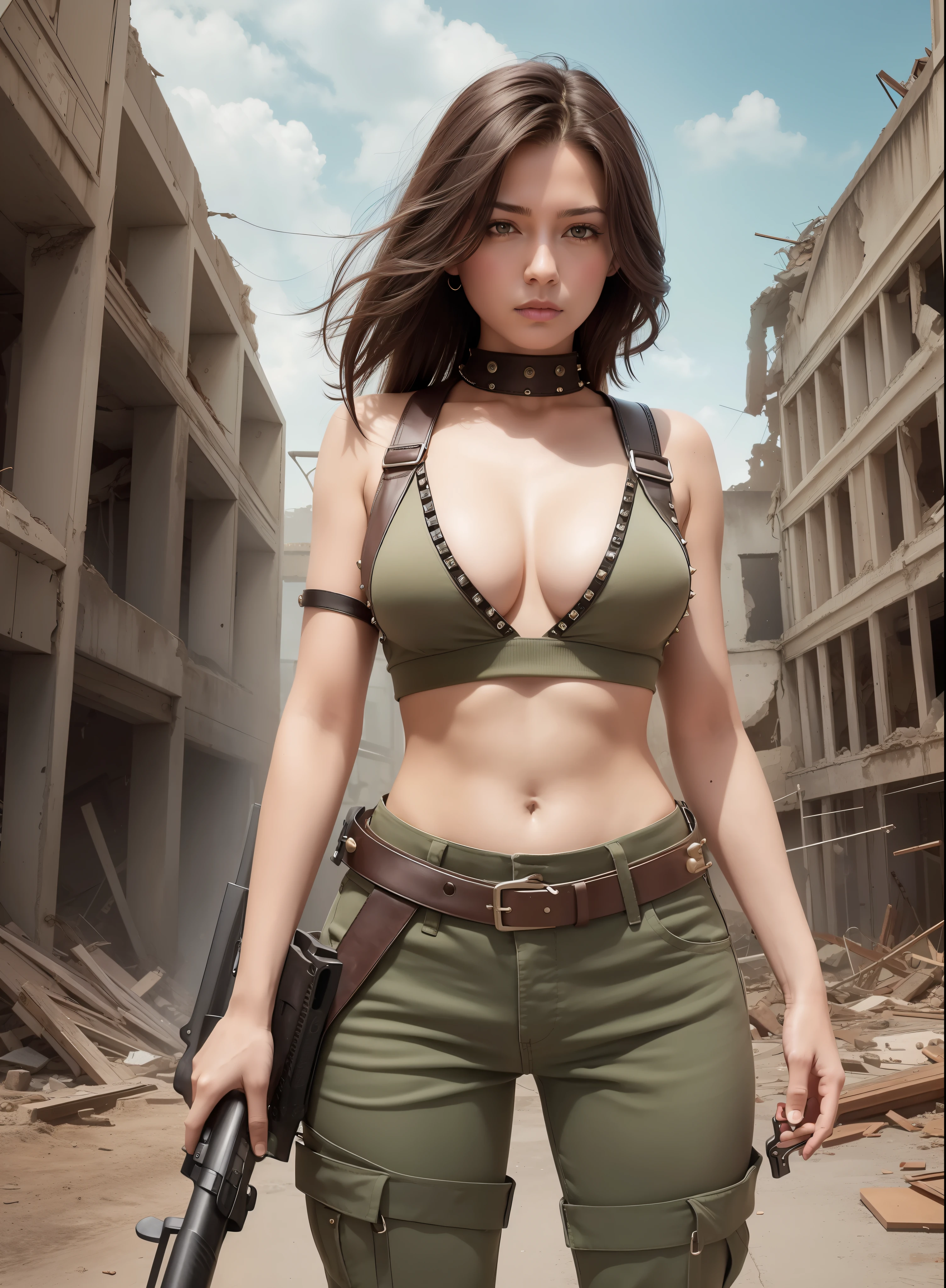 Medium-chested woman, trousers, rivets, holsters, large gun, in ruins