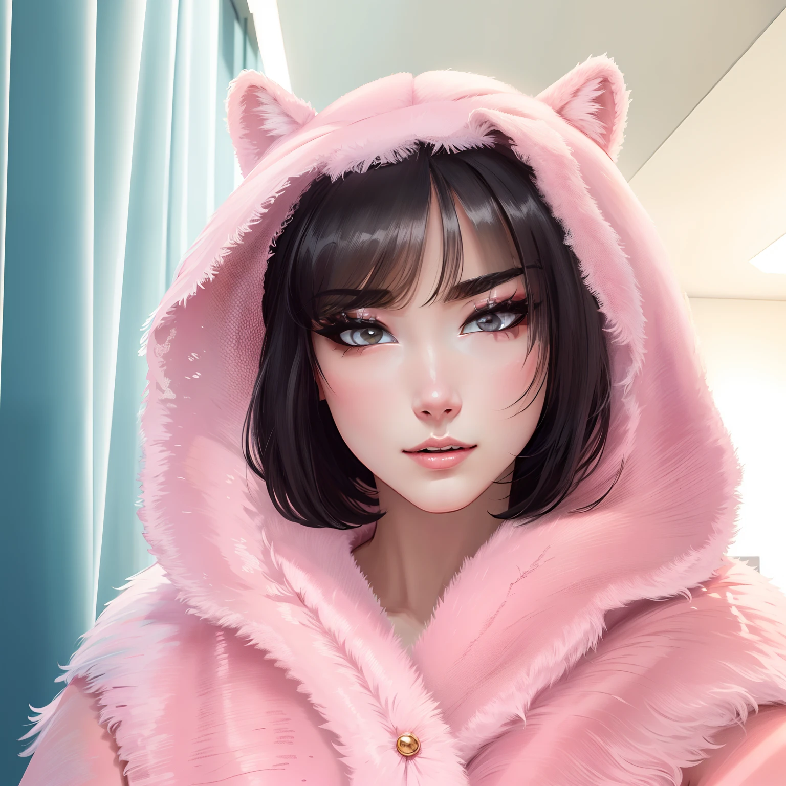 Absurd resolution, high resolution, (masterpiece: 1.4), hyper-detail, 1 young woman, short black hair, pink fur coat
