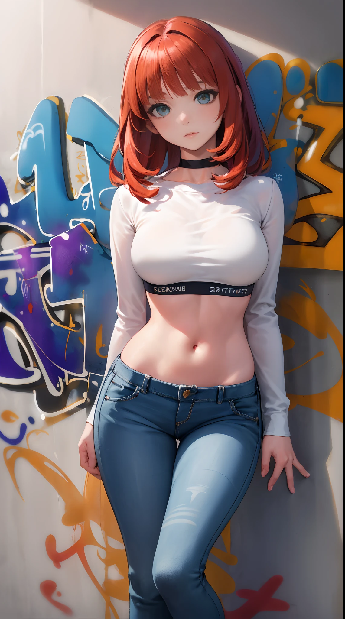 nile|genshin impact, master-piece, bestquality, 1girls,25 years old, proportional body, elongated legs, Beautiful, proportional., crop top, Long Jeans, mediuml breasts, ,bara, crop top, choker, (Graffiti:1.5), Splash with purple lightning pattern., arm behind back, against wall, View viewers from the front., Thigh strap, Head tilt, bored,(NSTDA.:1.2), (10, beste-Qualit, master-piece: 1.4), Beautiful red hair, ultra-high resolution, (lifelike, photorealistic portrait: 1.48), 20 age, Cute Girl, (Looking Through Crop Tops.), Famous Japanese actors, beautiful clear eyes, Head tilt, cowboy shot, from the front, looking at the audience, expressionless, Beautiful lake, Zeiss 150mm F/ 2.8 Hasselblad,  Whole body, foot, Ultra-Wide Angle,