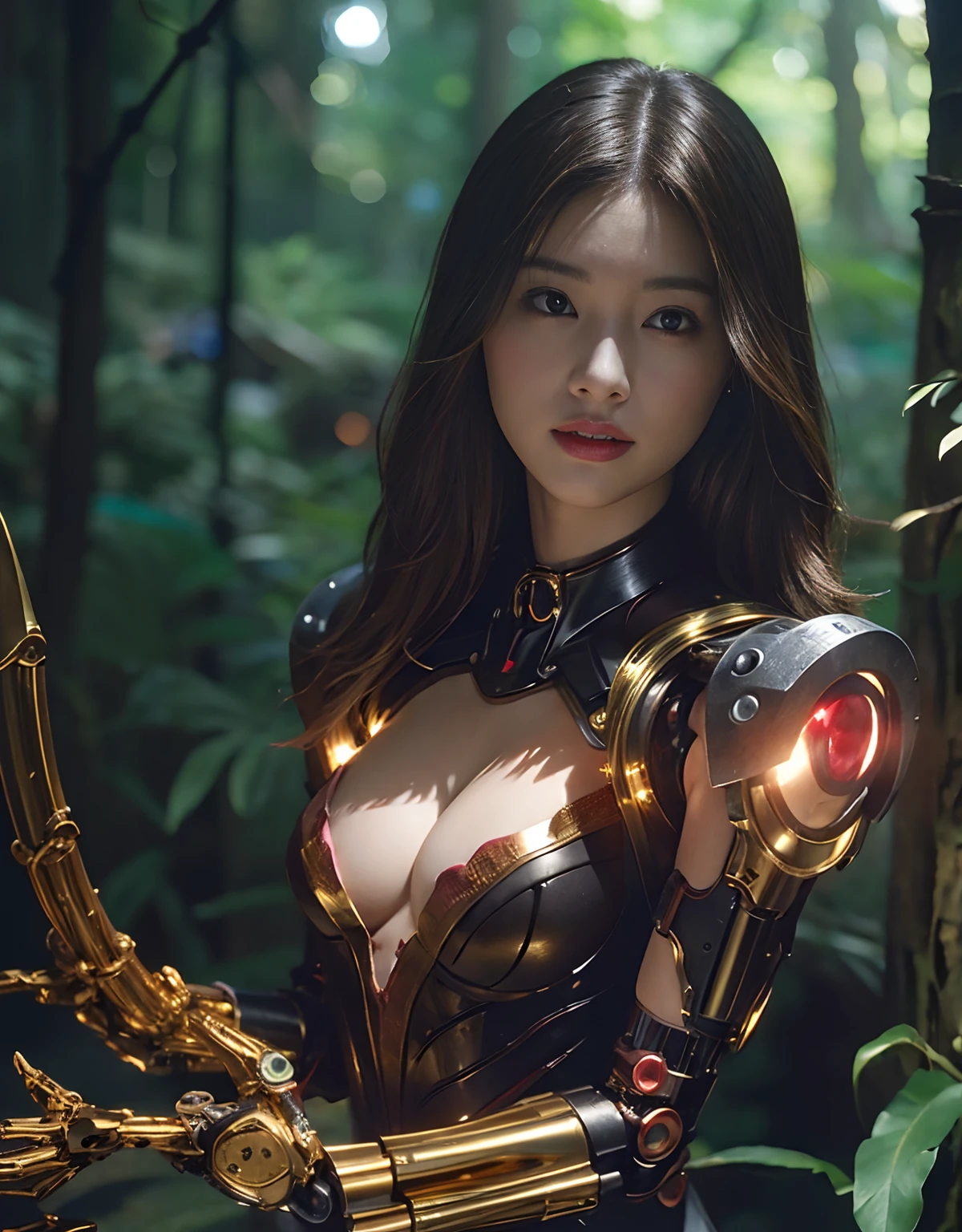 (1 Mechanical Girl)、top-quality、masterpiece、超A high resolution、(Photorealsitic:1.4)、Raw photo、1人、Golden hair、glowy skin、(((1 Mechanical Girl)))、With a beautiful knife、(Gold Metal Bodysuit)、(beautiful forest background)、(Fighting Demonic Beasts)、(Small LED)、((super realistic details))、portlate、globalillumination、Shadow、octan render、8K、ultrasharp、Colossal tits、Raw skin is exposed in cleavage、metals、Details of complex ornaments、Japan details、highly intricate detail、Realistic light、CGSoation Trends、Red Eyes、radiant eyes、Facing the camera、neon details、(Mechanical limbs)、(blood vessels connected to tubes)、Mechanical vertebrae attached to the back、mechanical cervical attaching to neck、(Wires and cables connecting to the head)、Gundam、Small LED、,Mechanical thighs、Toostock、(Hands are also made of machines)、