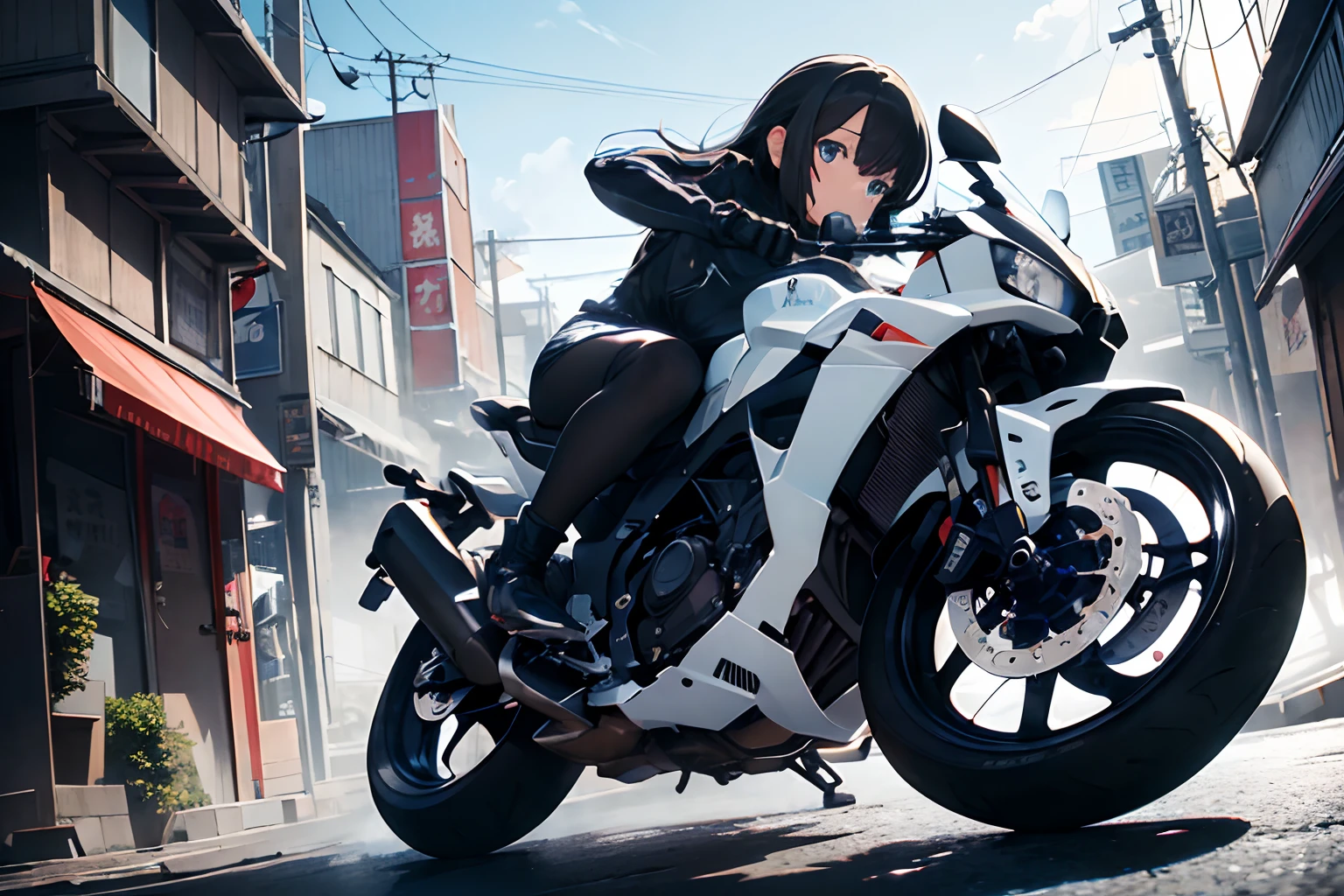 ultra-quality, ultla highres, Hyper Detailed, High contrast, superfine illustration, creative refinement, motor bikes:Yamaha ZZR400, Girl on a motorcycle, Drawn by manga artist Akikaze Toriyama