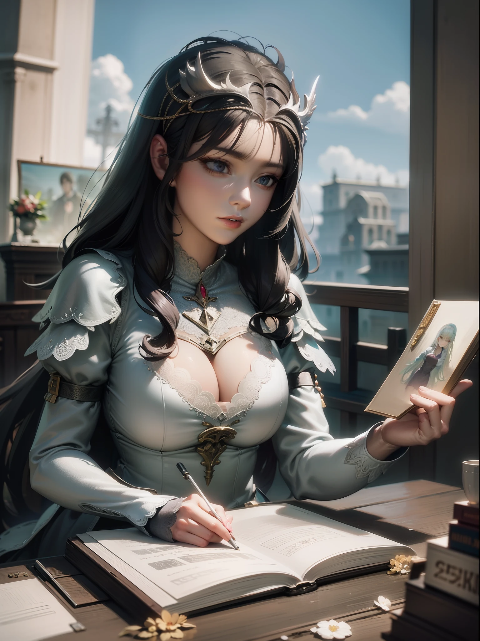 Silver hair,hentail realism, shadowing,,character sheets, reference sheet, Standing painting, 8K, Super detail, 1080p, Women's HD,femele, 16k, high resolution, Best quality, High quality, Anatomically correct, Masterpiece, ccurate, hyper HD,As graceful as a swan,unreal-engine, Ghibli-like colors, anime big breast, Standing painting, angle of view,battle armor,ssee-through,Lace skirt,Fluorescence behind it,showing belly,Red infracing