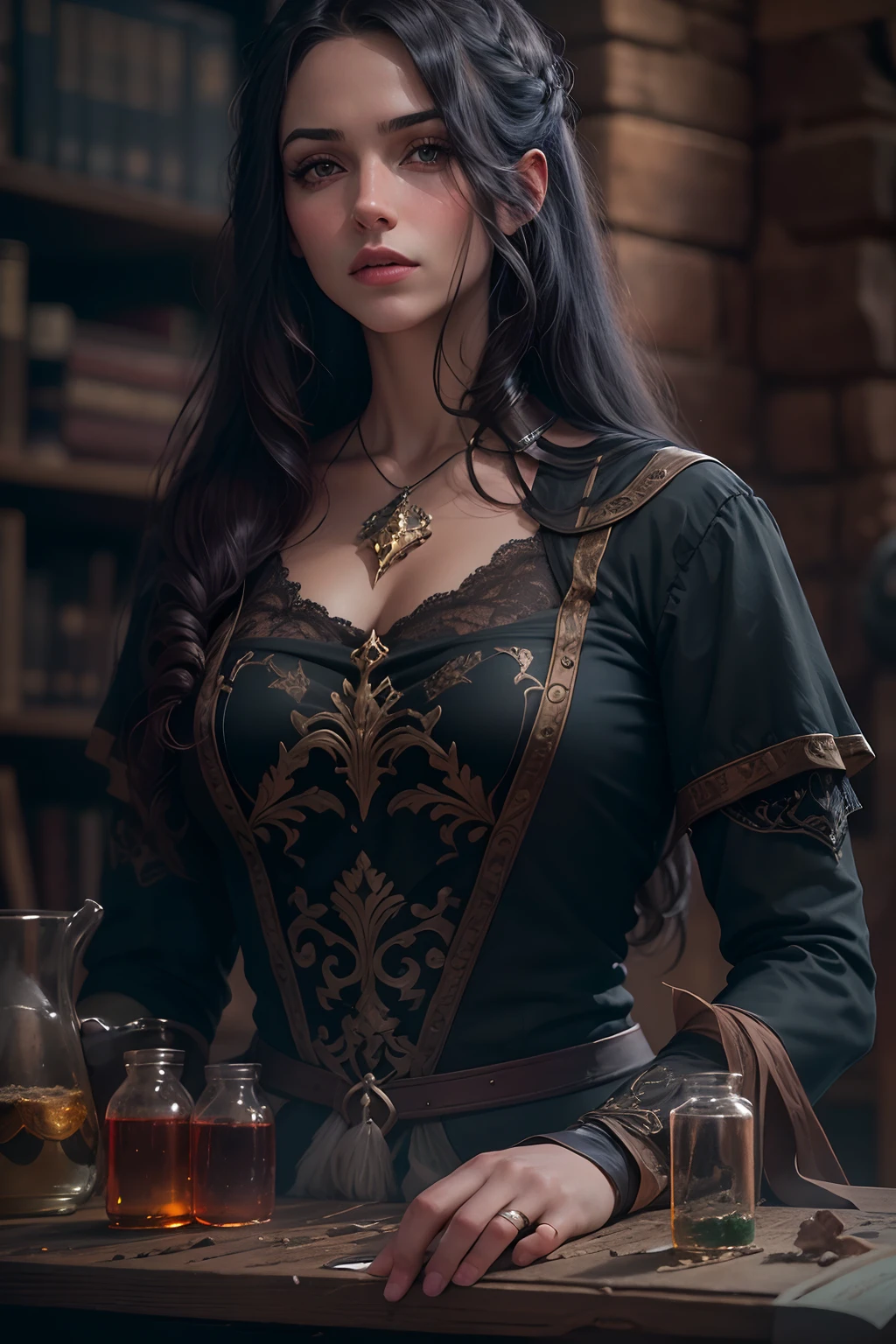 There's a fenticeira woman in shiny black clothes in her lab, fantasy genre portrait, Foto do personagem de fantasia, retrato medieval, como um personagem de fantasia medieval, donzela bonita, estilo medieval, vestidos com roupas medievais, retrato do personagem da fantasia, em estilo renascentista, em alto estilo renascentista, retrato realista do renascimento, linda donzela fantasia , medieval, jogo de fantasia medieval, Fotografia profissional,mulher europeia,(obra prima)(Ultra realista),(melhor qualidade),(mulher medieval :1.2),(Ultra Detalhado),(ambiente desfocado :1.5),(ambiente profundo)