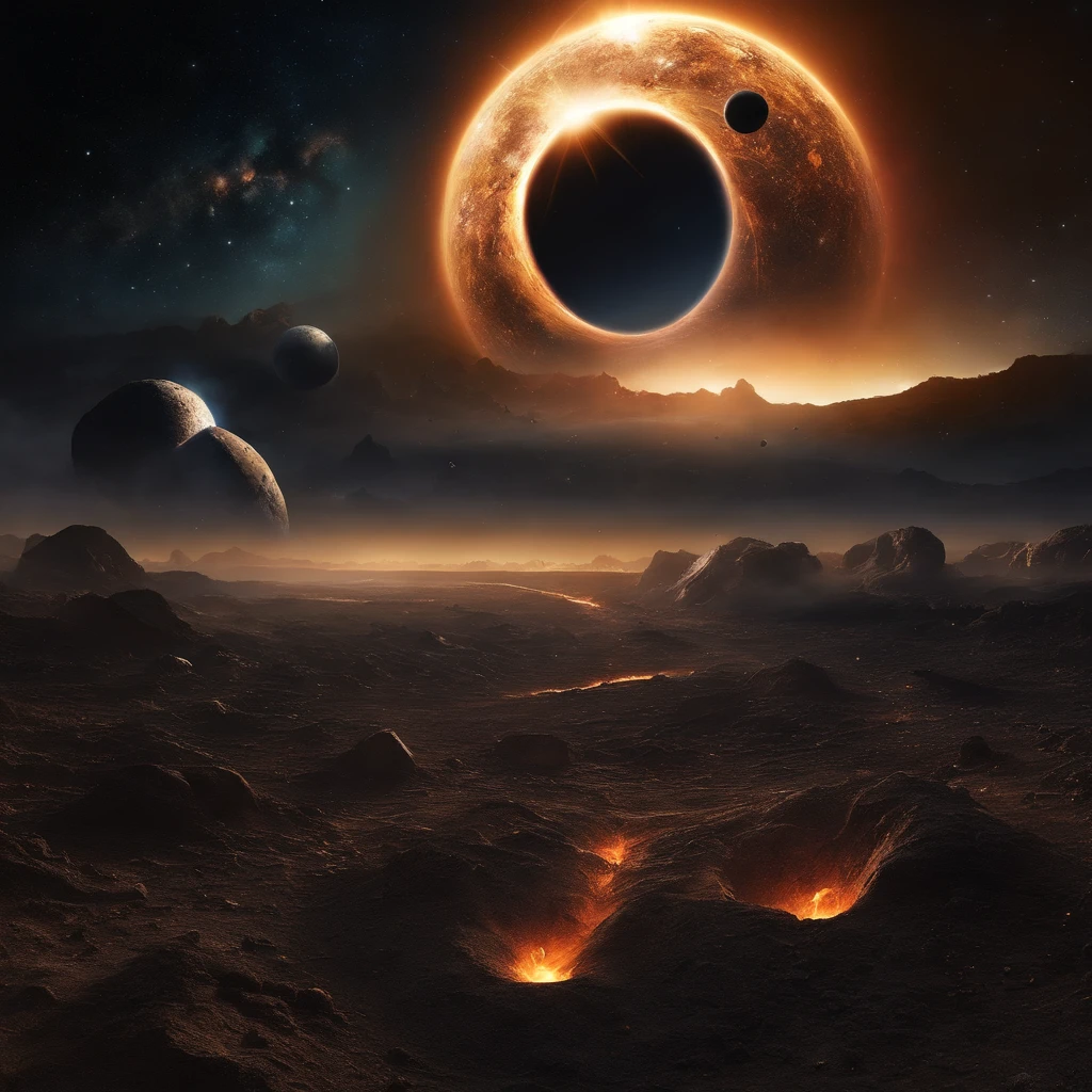 Best Quality, hight resolution, destroyed planet,space view,dark background,explosion debris,flying rocks,cracked surface,shattered moons,cosmic dust,fiery remnants,haunting glow,apocalyptic atmosphere,galaxy in distance,star-filled sky,luminous space portal,cosmic devastation,otherworldly destruction,spectacular cosmic event,surreal celestial scene,astronomical catastrophe,mesmerizing chaos,post-apocalyptic beauty,cosmic cataclysm,universe in turmoil,cosmic wreckage,endless void,luminous remnants,awe-inspiring devastation,cosmic aftermath,celestial catastrophe,emerging black hole,cosmic shockwave,dark matter surge,interstellar chaos,celestial fragments,otherworldly ruin,intergalactic destruction,cosmic conflagration.