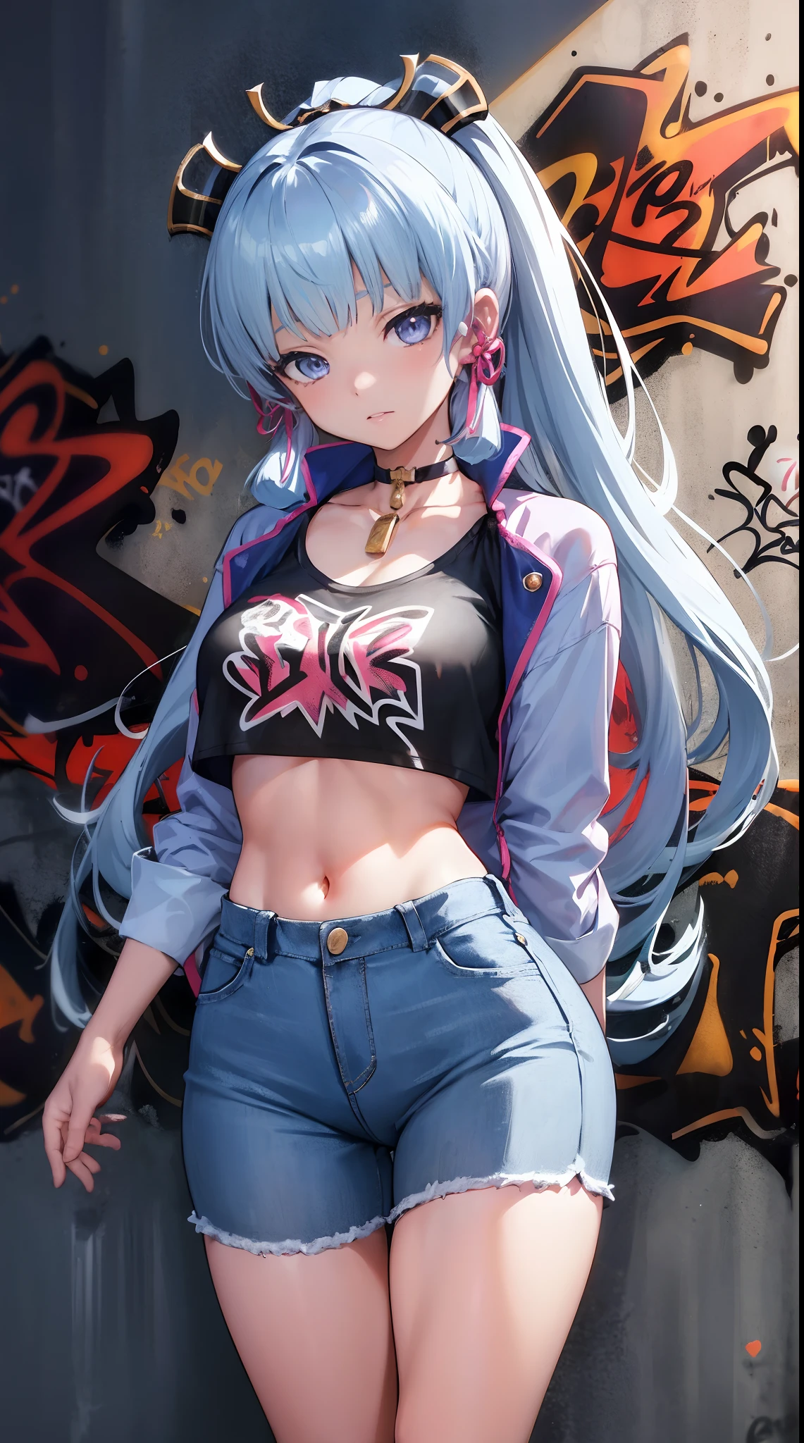 kamisato ayaka|genshin impact, master-piece, bestquality, 1girls,25 years old, proportional body, elongated legs, Beautiful, proportional., crop top, Long Jeans, mediuml breasts, ,bara, crop top, choker, (Graffiti:1.5), Splash with purple lightning pattern., arm behind back, against wall, View viewers from the front., Thigh strap, Head tilt, bored,(NSTDA.:1.2), (10, beste-Qualit, master-piece: 1.4), Beautiful red hair, ultra-high resolution, (lifelike, photorealistic portrait: 1.48), 20 age, Cute Girl, (Looking Through Crop Tops.), Famous Japanese actors, beautiful clear eyes, Head tilt, cowboy shot, from the front, looking at the audience, expressionless, Beautiful lake, Zeiss 150mm F/ 2.8 Hasselblad, Whole body, foot, Ultra-Wide Angle,