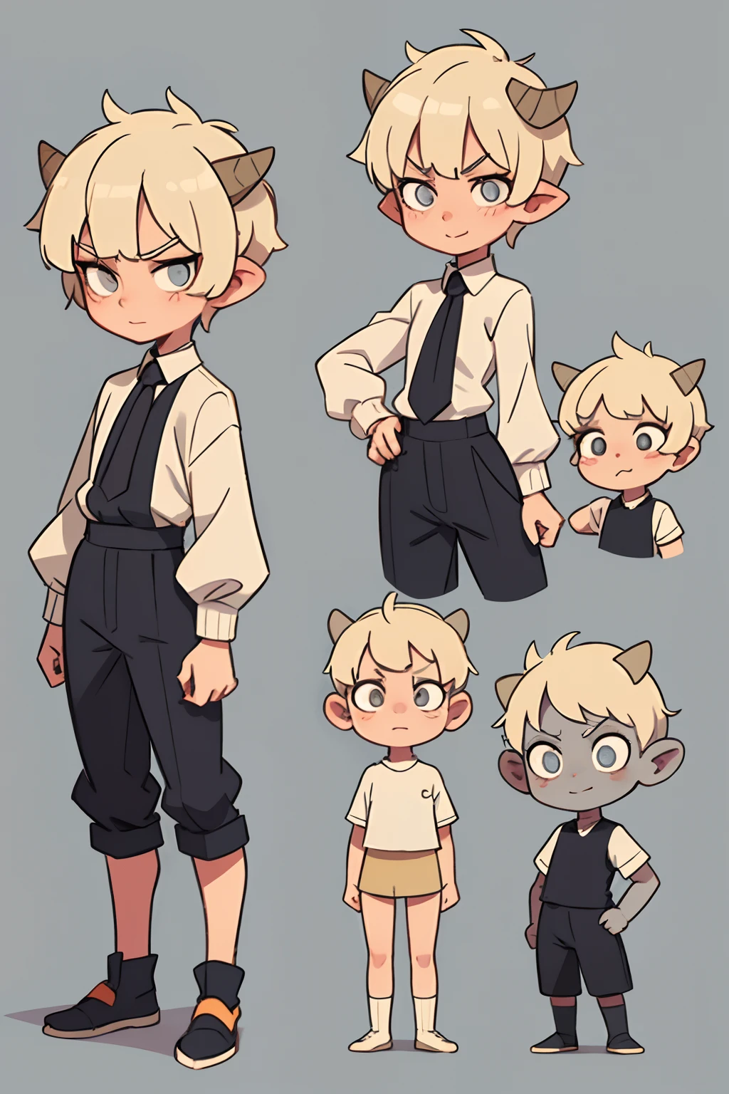 Troll boy with gray skin, blond short hair, Small horns, Interesting clothes, sad eyes;, ssmile, standing pose, Character Sheet, Different angles