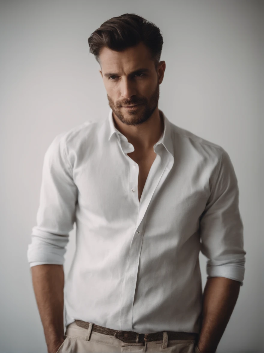 (Mann weissen T-Shirt), ), (langer Bart tragen,) Attractive and serious appearance, dunkel braunes Haar, Stilvoll und elegant, shaved and strong body T-shirt, Man similar to actor Jamie Dornan, (High quality and realistic image), im Hintergrund Skandinavische Wohnung mit blauer Wandfarbe, ((best quality, 8K, Meisterwerk).