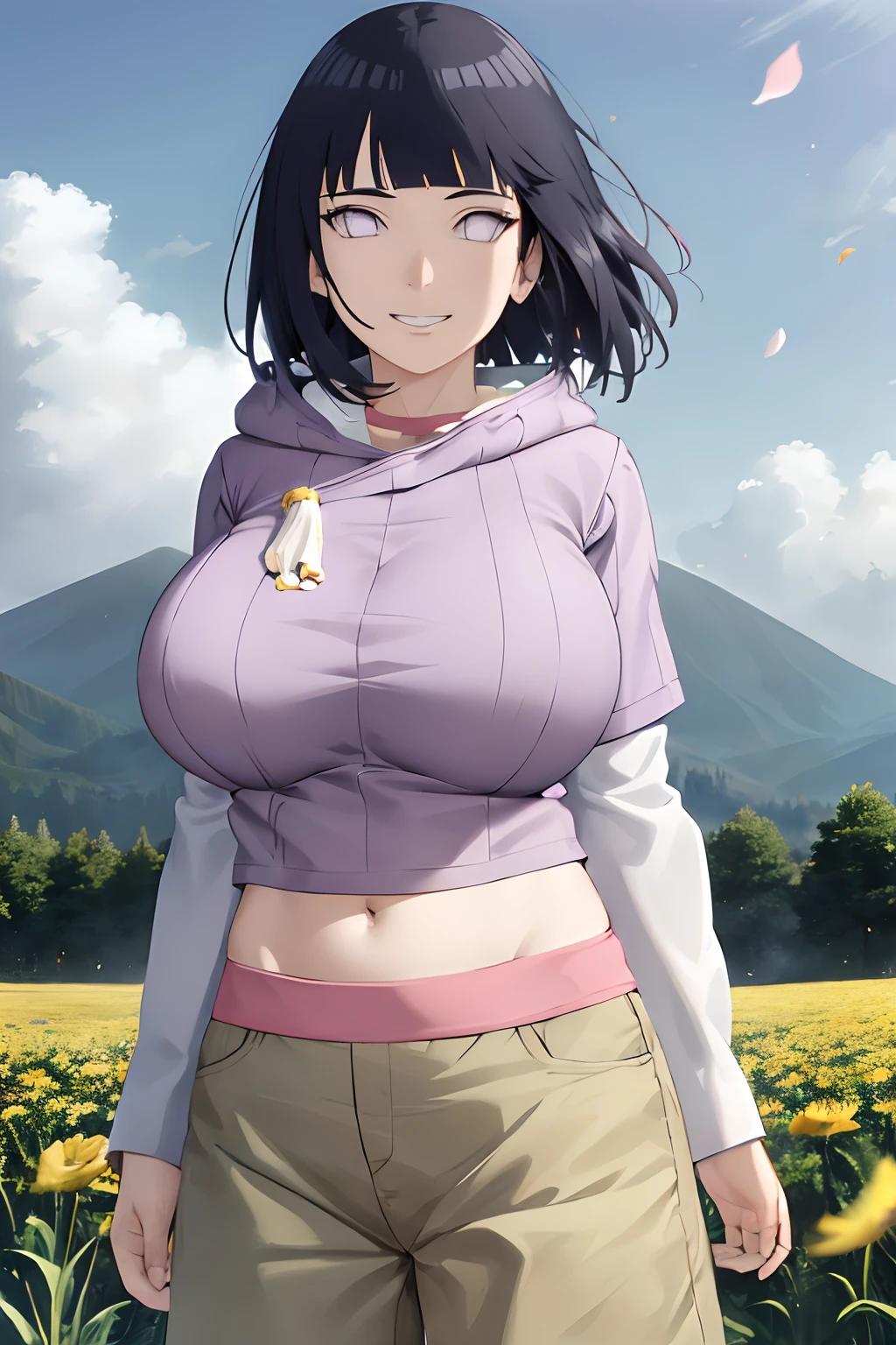 masterpiece, absurdres , (intricate details), (colorful),cinematic lighting,extremely detailed CG unity 8k wallpaper ,hinata\(boruto\), 1girl, solo, purple hoodie, from behind,layered sleeves, cowboy shot, (huge tits), looking at viewer, outdoors, lavender flower field,flower, day, cloudy sky, wind, floating hair, falling petals, (nipples), (pussy), squat pose, open legs