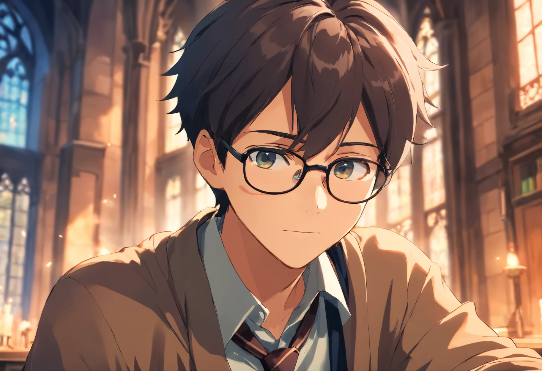 Homem, moreno, with black eyeglasses, cabelos pretos, Barba, vestindo camisa Hogwarts, ((hiper detalhado)), (not duplicated)