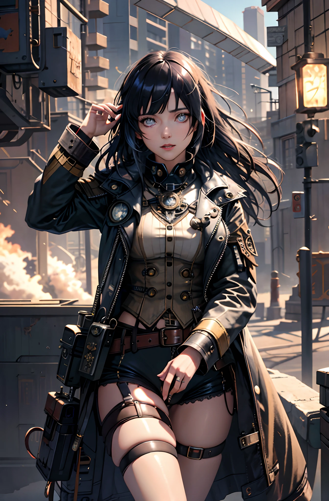 (absurdres, highres, ultra detailed), 1woman, mature female, aged up, wavy long hair, split-color hair, heterochromia, Blunt bangs, long sleeves, finely detailed eyes and detailed face, extremely detailed CG unity 8k wallpaper, intricate details, (style-rustmagic:0.8), (medieval cyborg:0.8), portrait, (bloody wounds:0.7), looking at viewer, solo, half shot, detailed background, (steampunk theme:1.1) determined expression, dark couds technomancer, floating lights, color leather vest with gears, techwear, jetpack, workshop in background, machines, gears, steam, industry, technology, furnace, grime, anvil, buttons, levers, automaton, electricity, purple eyes, dark blue hair electric sparks epic atmosphere,, portrait(very marked cameltoe)