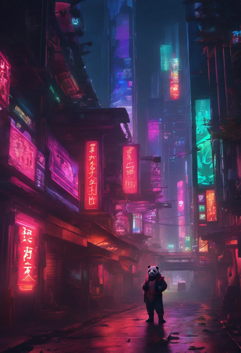 A panda holds up an embroidery of bamboo in a filthy environment,His eyes glowed red with anger