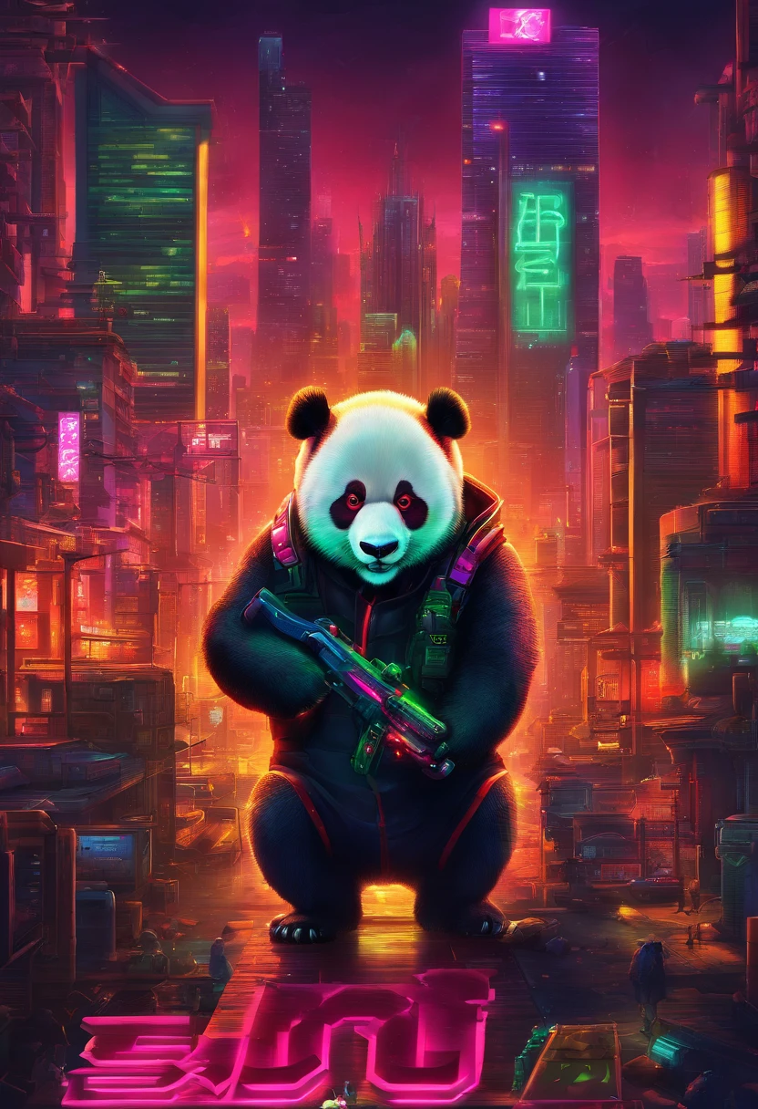 A panda holds up an embroidery of bamboo in a filthy environment,His eyes glowed red with anger