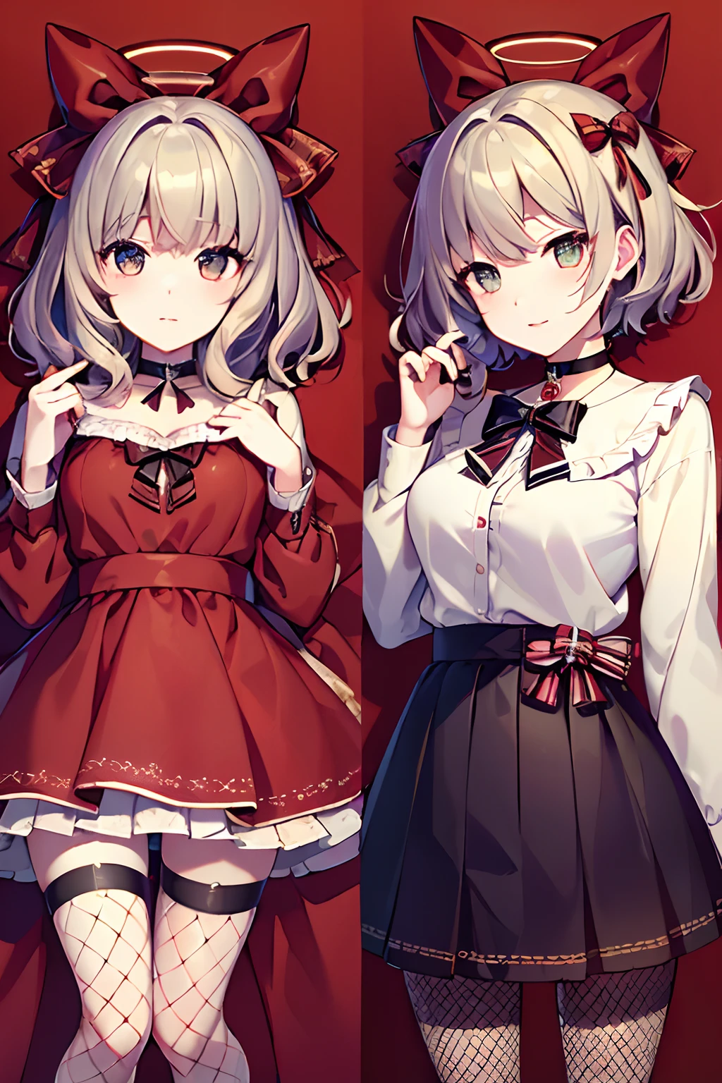 (masterpiece+top-quality:1.6)、 1 人、18 only、eyeshadows、lipsticks、独奏、long eyeslashes、Viewer Perspective、short-hair、skirt by the、The shirt、silber hair、long-sleeve、bow ribbon、Bow knot、hair adornments、frilld、lowfers、a choker、redeyes、The halo、Red background、frills skirt、Large ribbon、fishnet tights、The shirt、fishnets pantyhose、Platform footwear、Red Theme、Department of Landmines、