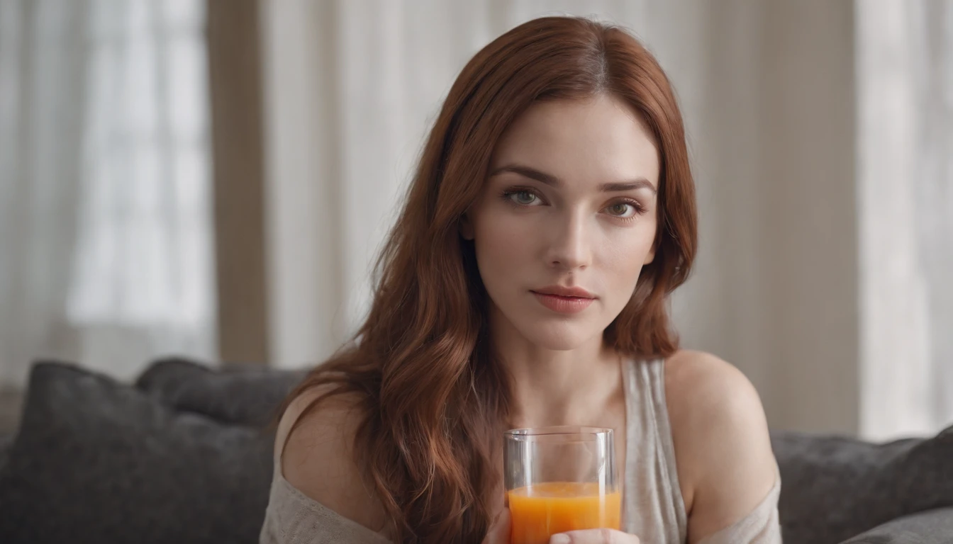 RAW, professional photograph, movie photograph, medium shot, Female, thirty years old, athletic body, soft facial features, long hair, straight hair, red hair, black eyes, sitting on couch, drinking orange juice, wearing casual clothes, Realism, hyperrealism, ray tracing, high details, super detail, UHD, 8k