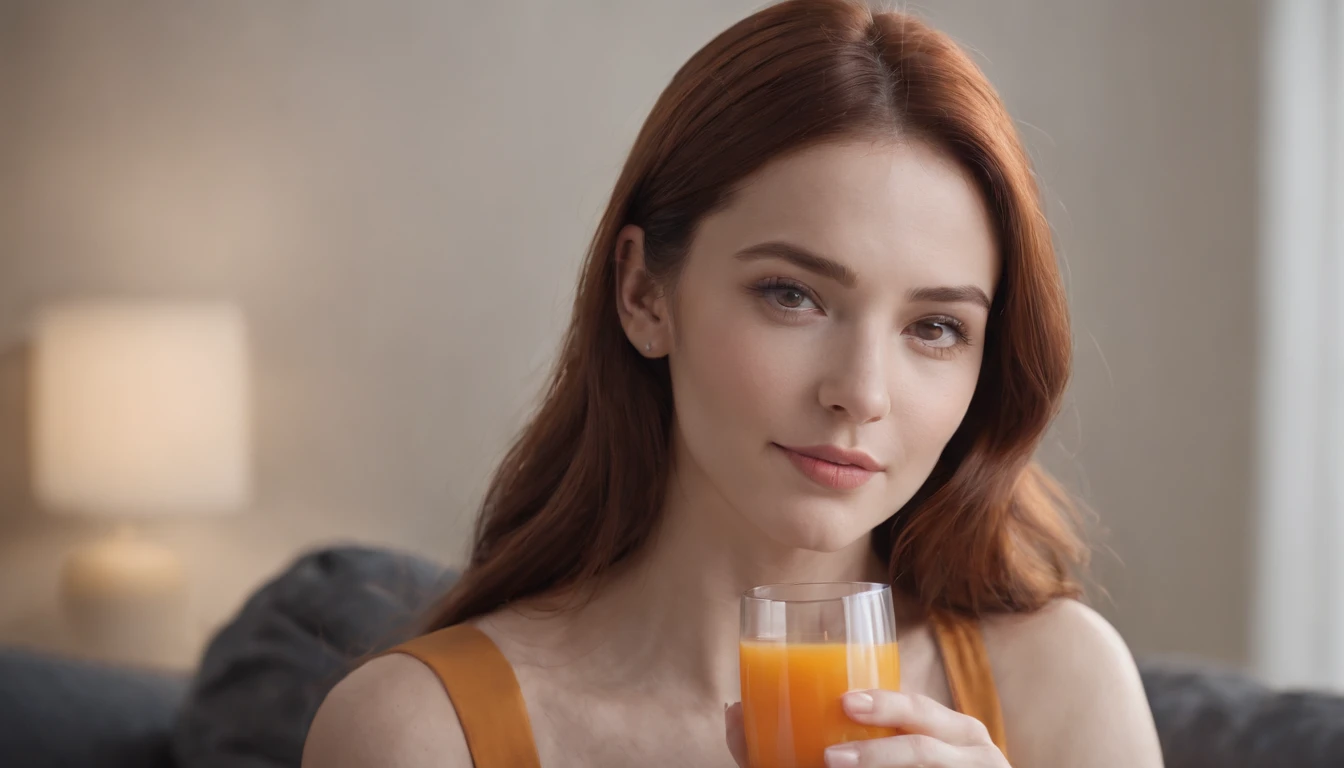 RAW, professional photograph, movie photograph, medium shot, Female, thirty years old, athletic body, soft facial features, long hair, straight hair, red hair, black eyes, sitting on couch, drinking orange juice, wearing casual clothes, Realism, hyperrealism, ray tracing, high details, super detail, UHD, 8k