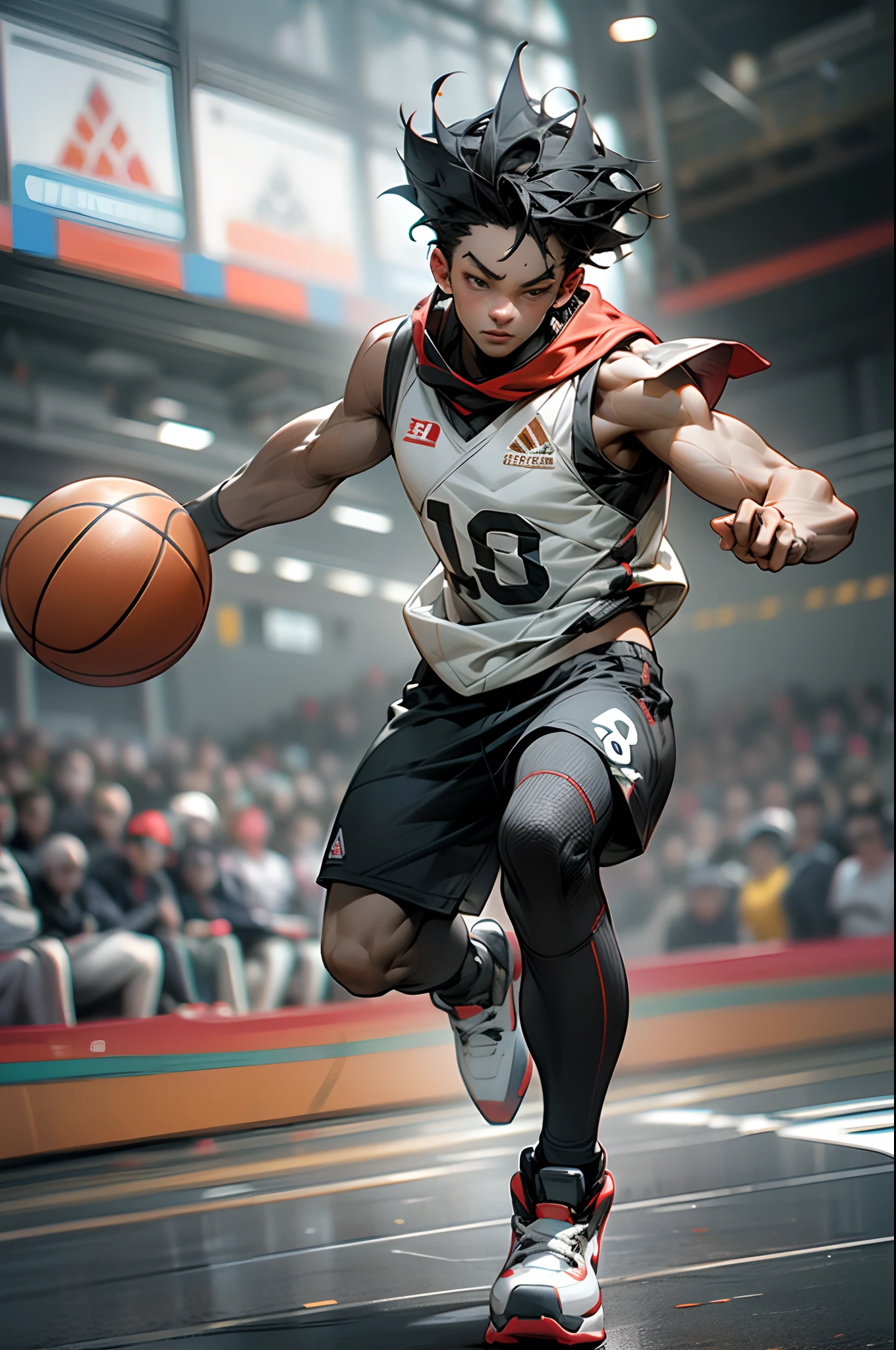 35mm camera lens,cool guy,athlete,basketball ball,Shooting,detailedbackground,Asian Games,Full body like,True skin texture,Smudge,Accurate facial features,dynamic blur,super-fine,ultra - detailed,high qulity,8K ,oc rendered,dynamic viewing angle,Hyper Real,Ultra photo realsisim
