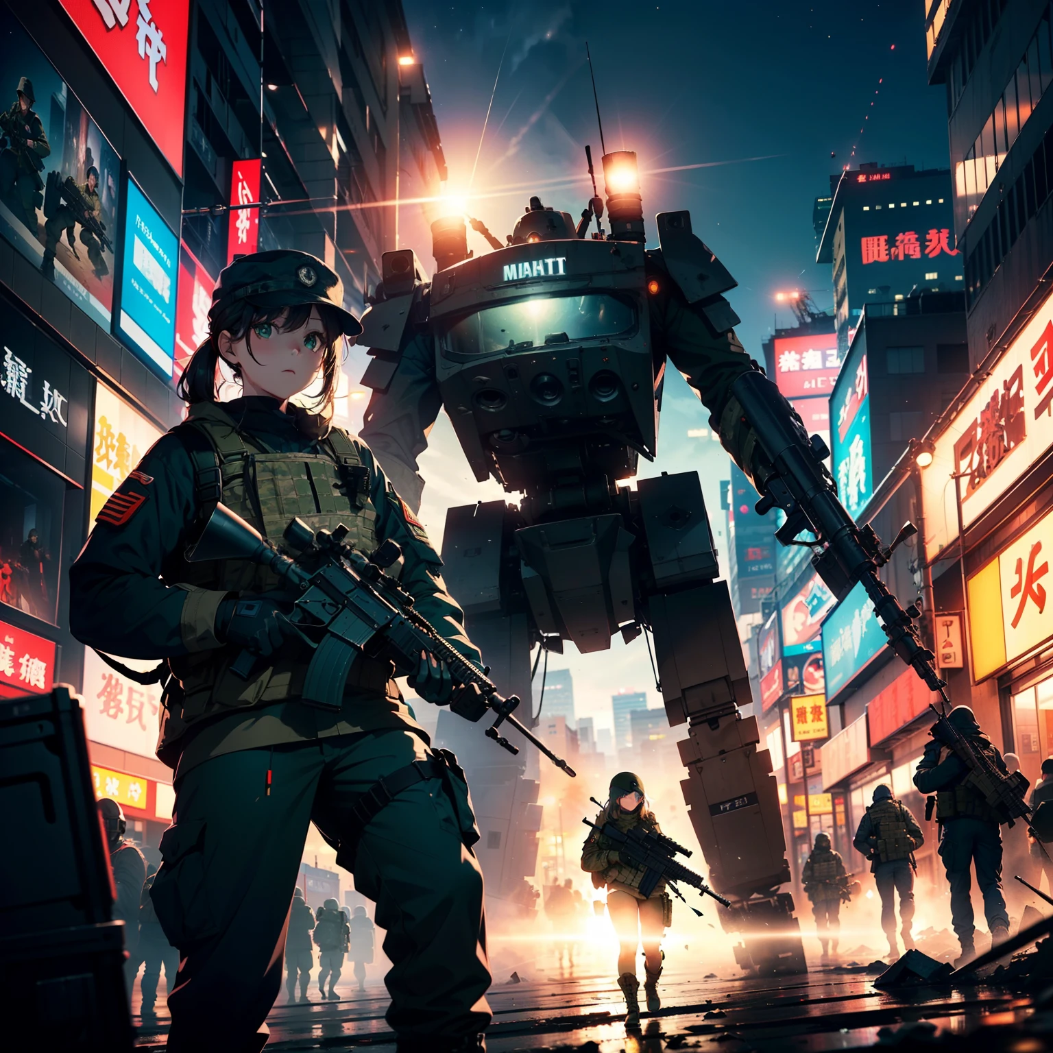 (One girl soldier sniping a giant military robot with a Lahti L-39 anti-tank gun)、Black combat uniform、Wide View、thick body、 Photorealsitic:1.4、long Brond Hair、green colored eyes、Have multiple weapons、aim、direct light、rubble、((超A high resolution))、Detail Write、masterpiece、top-quality、extremely details CG、8K picture quality、Cinematographic lighting、lensflare、Shot with 35mm depth of field、(Night combat)、((Shinjuku at night where 5 special forces fight))、(Sniping with anti-tank rifles)、Hyper-detailing、The wreckage of a giant robot、(wide-angle lens)、What I see、cowboy shot:1.4