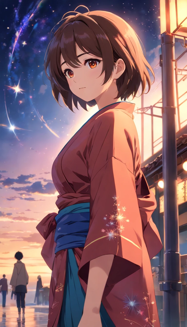 Best Quality, Unity 8k Wallpapers, 32K, masterpiece, ultra-detailliert, high resolution, cinematic Film still from,1girl,cute, delicate facial features, short brown-haired silk girl,brown eyes, realistic pupils, detailed eyes, full body, a black and red kimono, platinum necklace, starrysky,brightly,glitters,the sunset,full bodyesbian,Barefoot(spark of light:0.7)