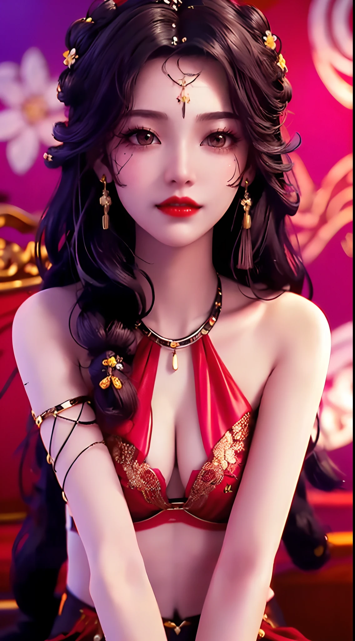 1 beautiful and sexy 20-year-old girl, adult, ((wearing a red push-up bra with black trim and low-cut chest:1.6)), dress with diamonds, ((long purple-black hair:1.6)) , bangs, elaborate jewelry made from gems and beautiful hair, ((wearing a black lace necklace:1.4))), noble style of an extremely beautiful girl, super cute small face, very pretty face, sparse eyebrows, flawless beautiful face, ((black eye pupils: 0.8)), ((very beautiful black eyes: 1.6)), beautiful makeup and detailed hairdo , eyelashes, wet eye makeup, high nose, earrings, red lips, ((closed mouth: 1.5 )) beautiful lips, slim hands, rosy face, clean face, flawless beautiful face, smooth white skin, (enlarged breasts: 1.8)), ((breast augmentation: 1.8)), beautiful cleavage, ( ((big and super round breasts: 1.8))), ((super tight breasts: 1.7)), beautiful breasts, perfect body, (((sitting position, leaning back and arms behind: 1.5))), ((chest out: 1.5)), don't be shy, 8k photo, super high quality, surreal, pixelated super 10x, optical, bright studio, bright edges, two-tone lighting, (high detail skin:1.2), super 8k, soft light, high quality, volumetric lighting, optical, resolution high optical resolution, lighting, best photo, 4k, 8k quality, blur effect, smooth sharpness, 10 x pixels, ((flower red background:1.5)), aurora, lightning, supermap realistic graphics, most realistic graphics, alone, solo, Extremely sharp, surreal images, (((frontal portrait: 1.4)))."