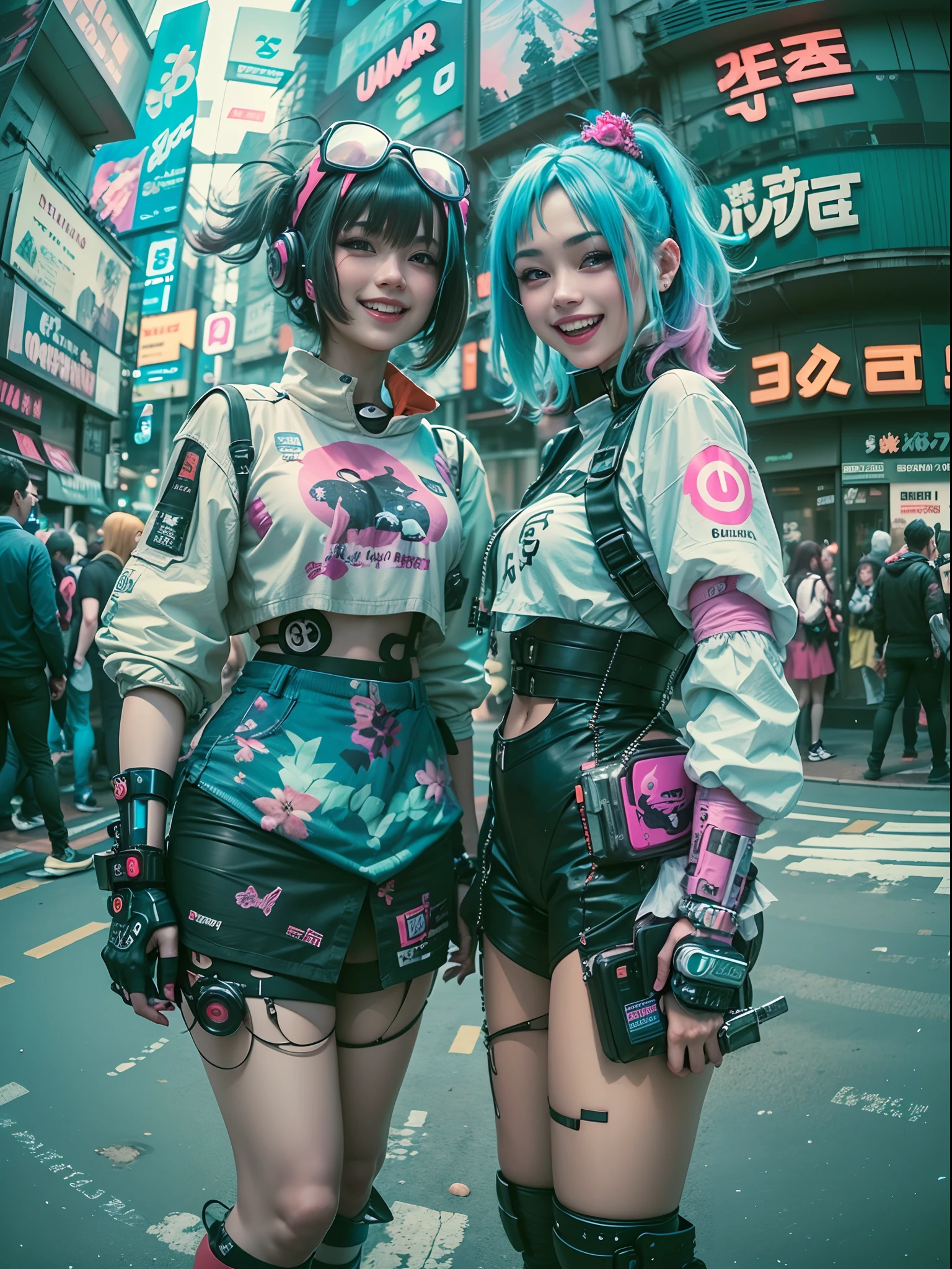 ((2 cyberpunk girls wearing Harajuku style pop outfit)), ((fisheye lens)), cowboy shot, wind, messy hair, cyberpunk cityscape, (aesthetics and atmosphere:1.2), smiling, laughing
