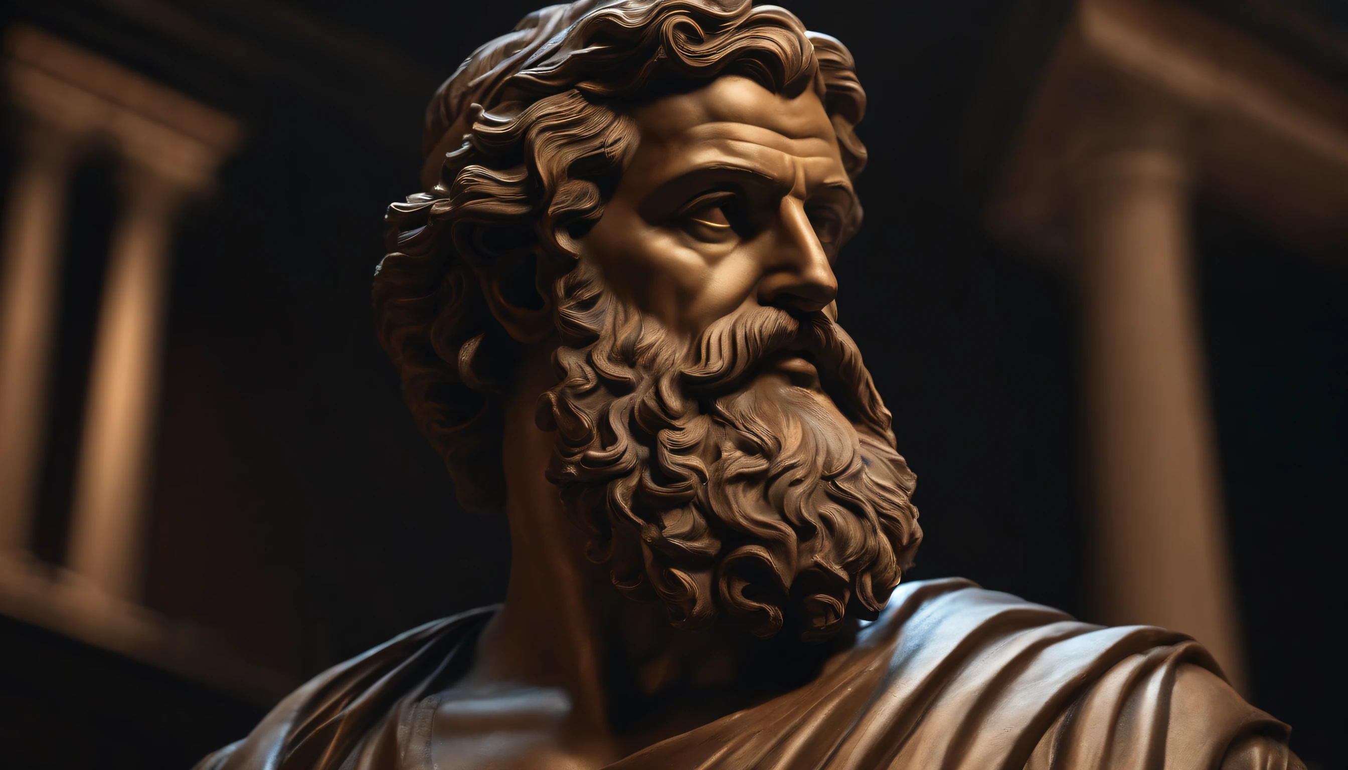 statue of a Greek philosopher, very detailed face, large beard, muscular body, dark background, 8k, ultra realistic