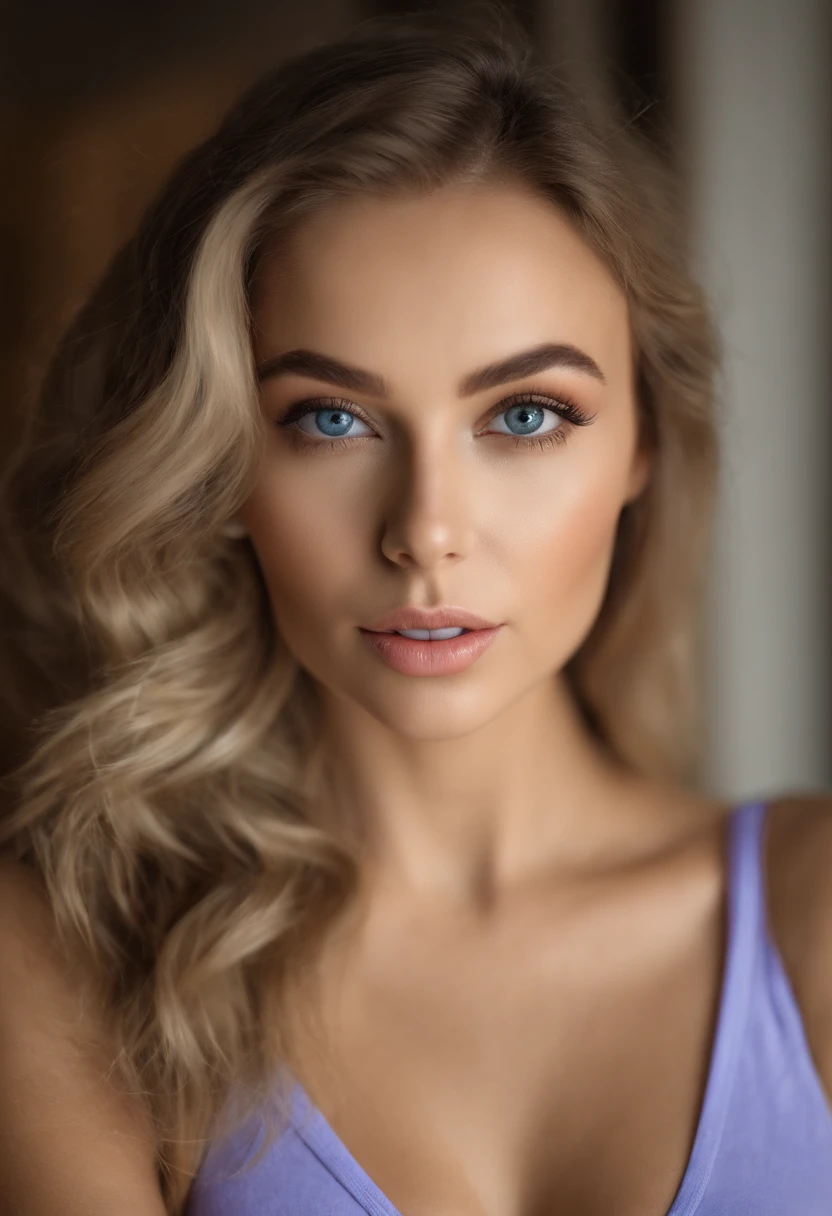 woman with matching tank top and panties, Sexy girl with blue eyes, portrait sophie mudd, portrait corinna kopf, blonde hair and large eyes, Selfie einer jungen Frau, Augen im Schlafzimmer, Violet Myers, ohne Make-up, Natural makeup, Blick direkt in die Kamera, Gesicht mit Artgram, dezentes Make-up, Stunning full body shot, im Schlafzimmer, Spaltung