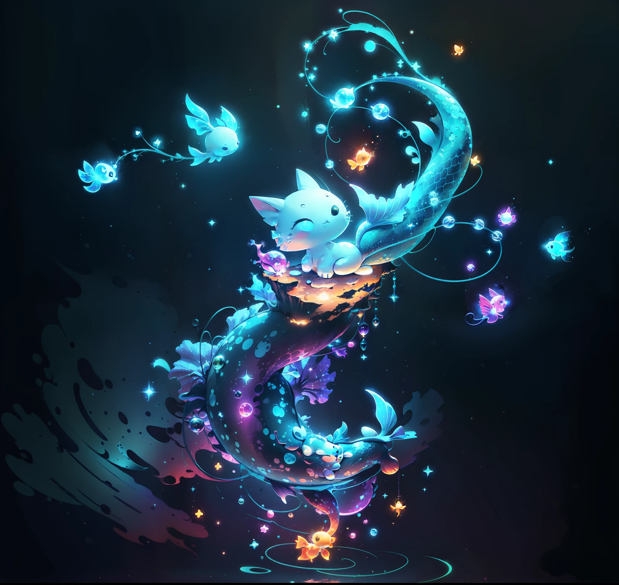 (((tmasterpiece))), 4k resolution, higly detailed, hiquality, hight resolution, ultradetailed, 8K, beste-Qualit, Cute cat with a mermaid's tail, The Little Mermaid Cat, hung beautifully in the air, among glowing fish and crystals, Fireflies, magical light, Neon