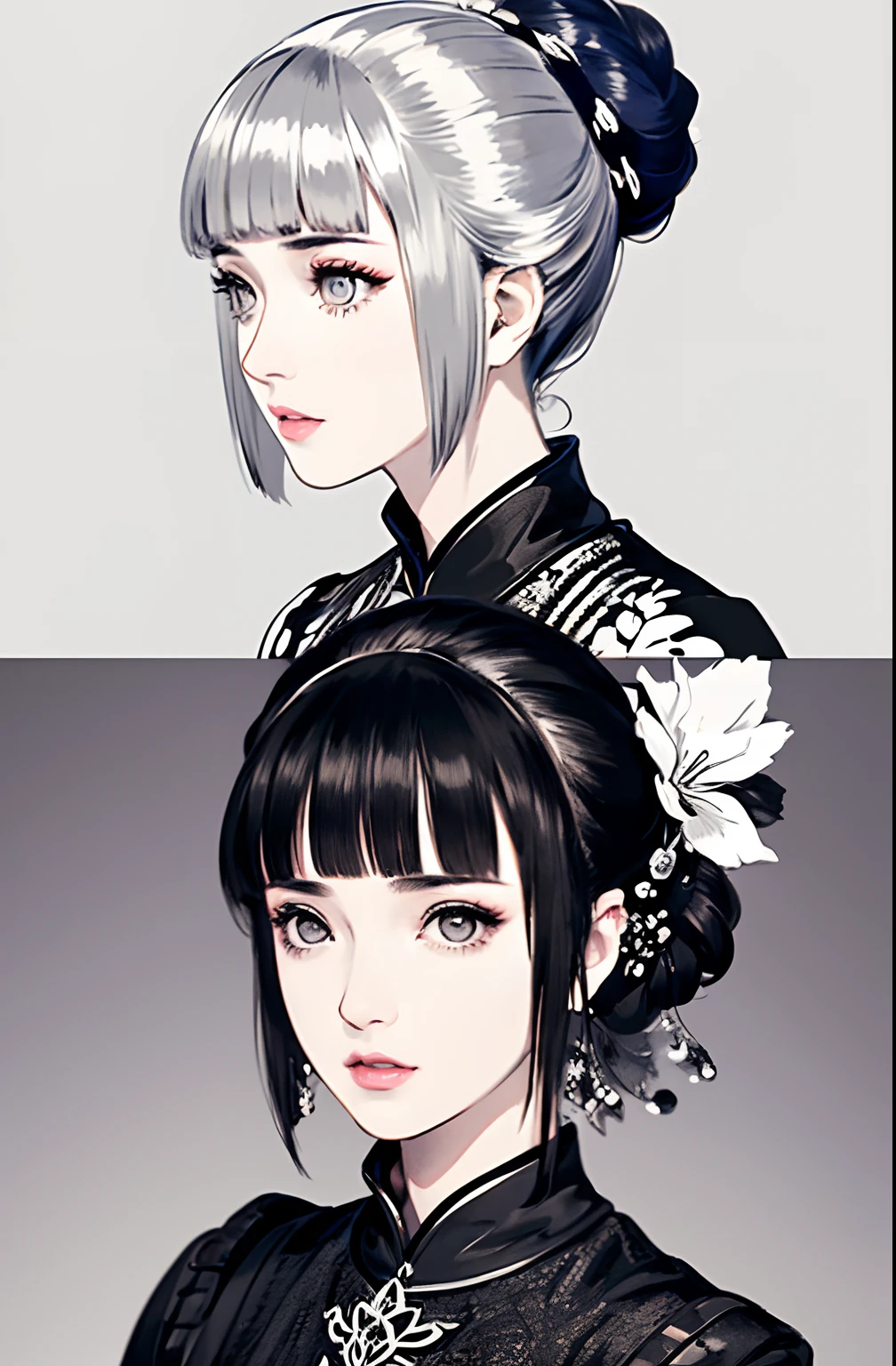 masterpiece,best quality,upper body,1girl,Extremely beautiful clothes(different stlyes),colored with greyscale background,airbrush \(medium\),polar opposites,half updo,flower-shaped pupils,cheek poking,three sided view,Blunt Bangs