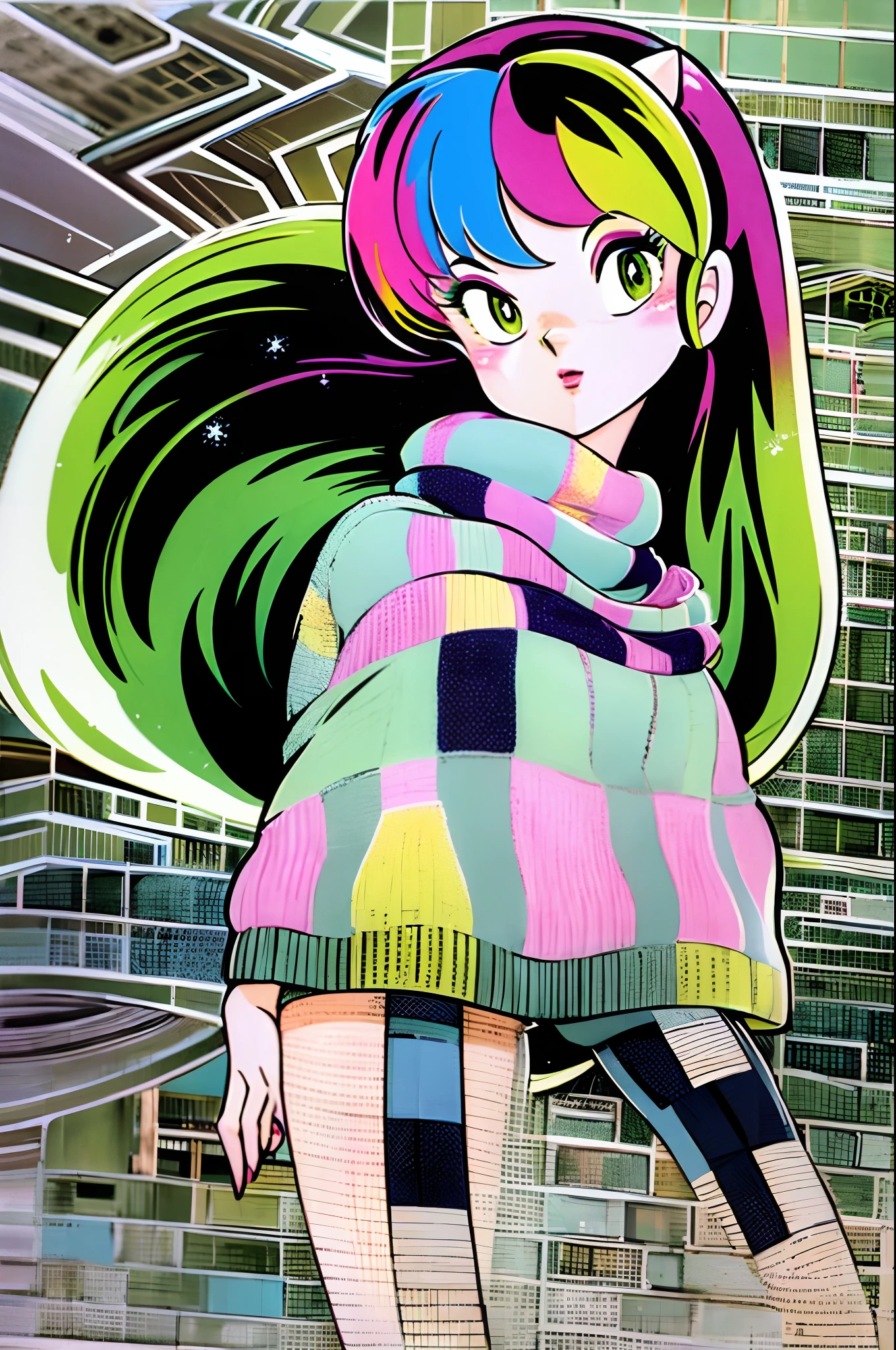 1girl, solo, horns, scarf, long hair, lum, sweater, green hair, white background, pink sweater, green eyes, makeup, hands in pockets, multicolored hair, 1980s (style), simple background, casual, oni horns, eyeshadow, belt, traditional media, pointy ears, floating hair, retro artstyle, oni, full body