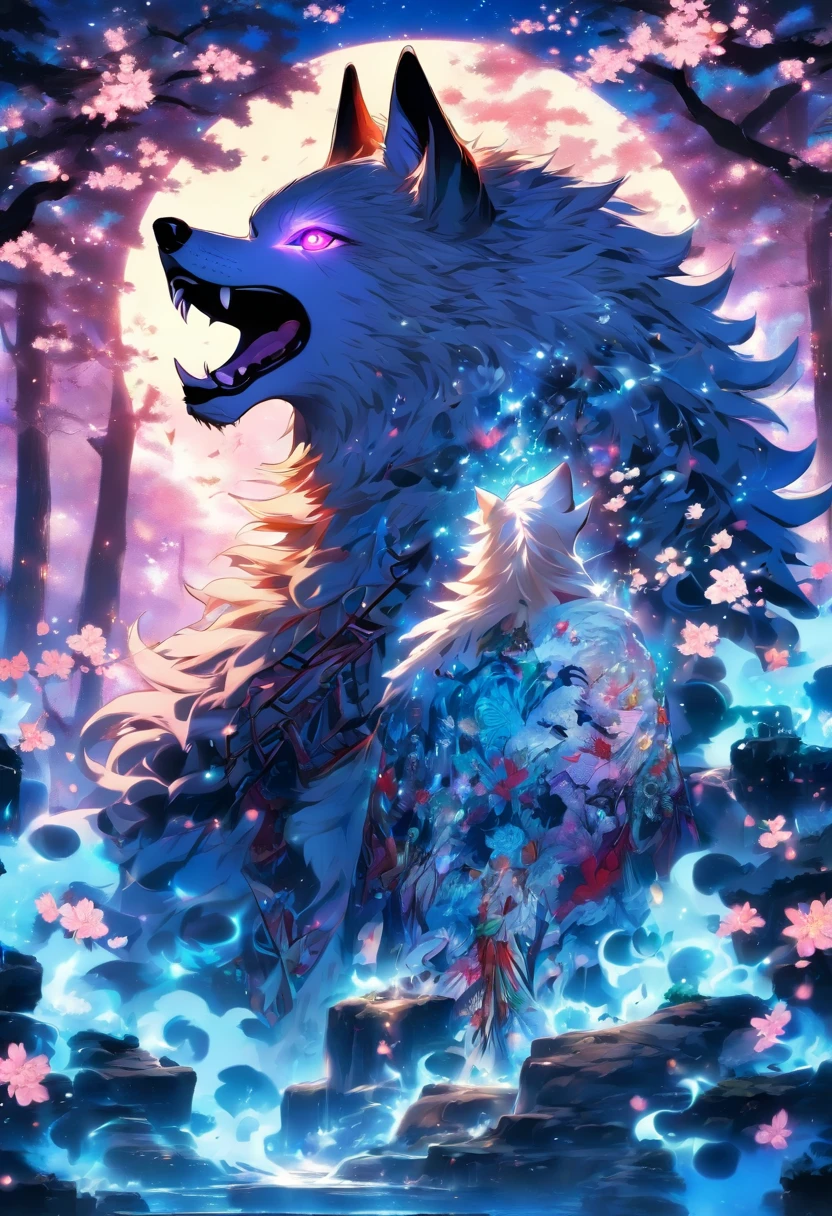 The most beautiful and enchanted wolf spirit, white hair, glowing blue eyes, tons of tattoos and piercings, in the most beautiful enchanted forest, graffiti and kanji elements in the background, cherry blossoms blowing in the wind, highly detailed, perfect masterpiece, high quality, high resolution
