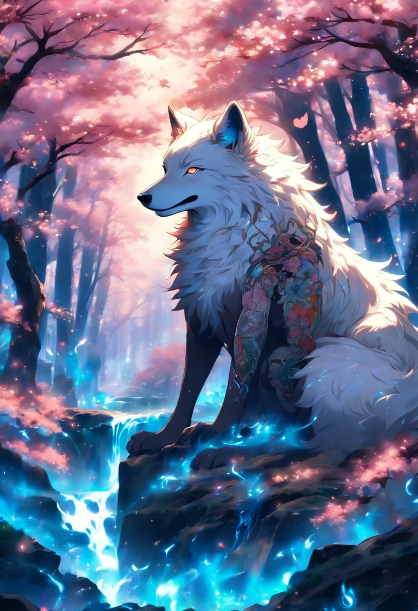The most beautiful and enchanted wolf spirit, white hair, glowing blue eyes, tons of tattoos and piercings, in the most beautiful enchanted forest, graffiti and kanji elements in the background, cherry blossoms blowing in the wind, highly detailed, perfect masterpiece, high quality, high resolution