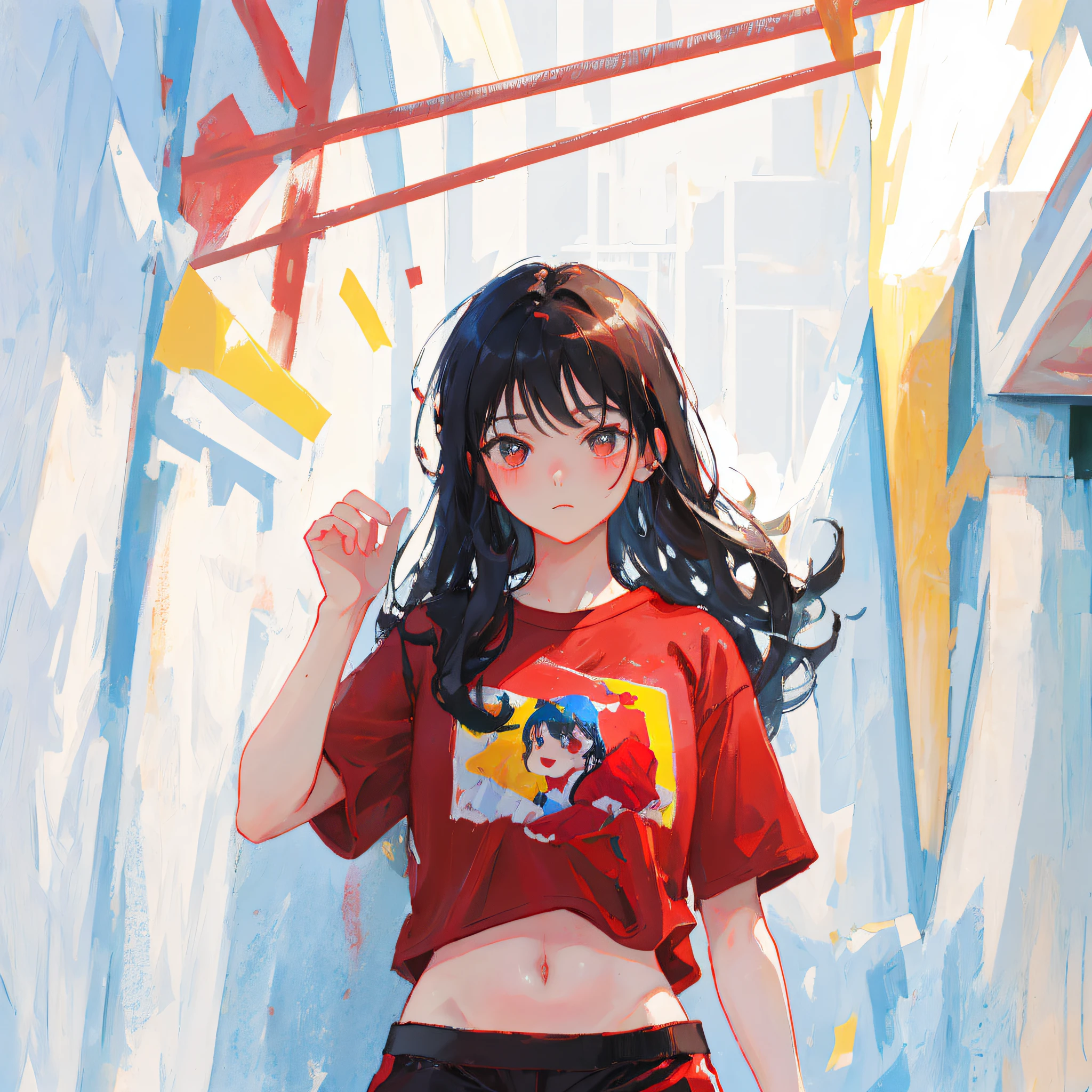 (Realistic painting style:1.0), Masterpiece, Best quality, absurderes, comic strip, illustration,
1 girl, Long hair, Black hair, Cute girl, young and cute girl, Korean girls, {Breasts}, 
A girl in a red T-shirt stands against the wall, ulzzangs, red t-shirt, Red shirt, Black shorts,