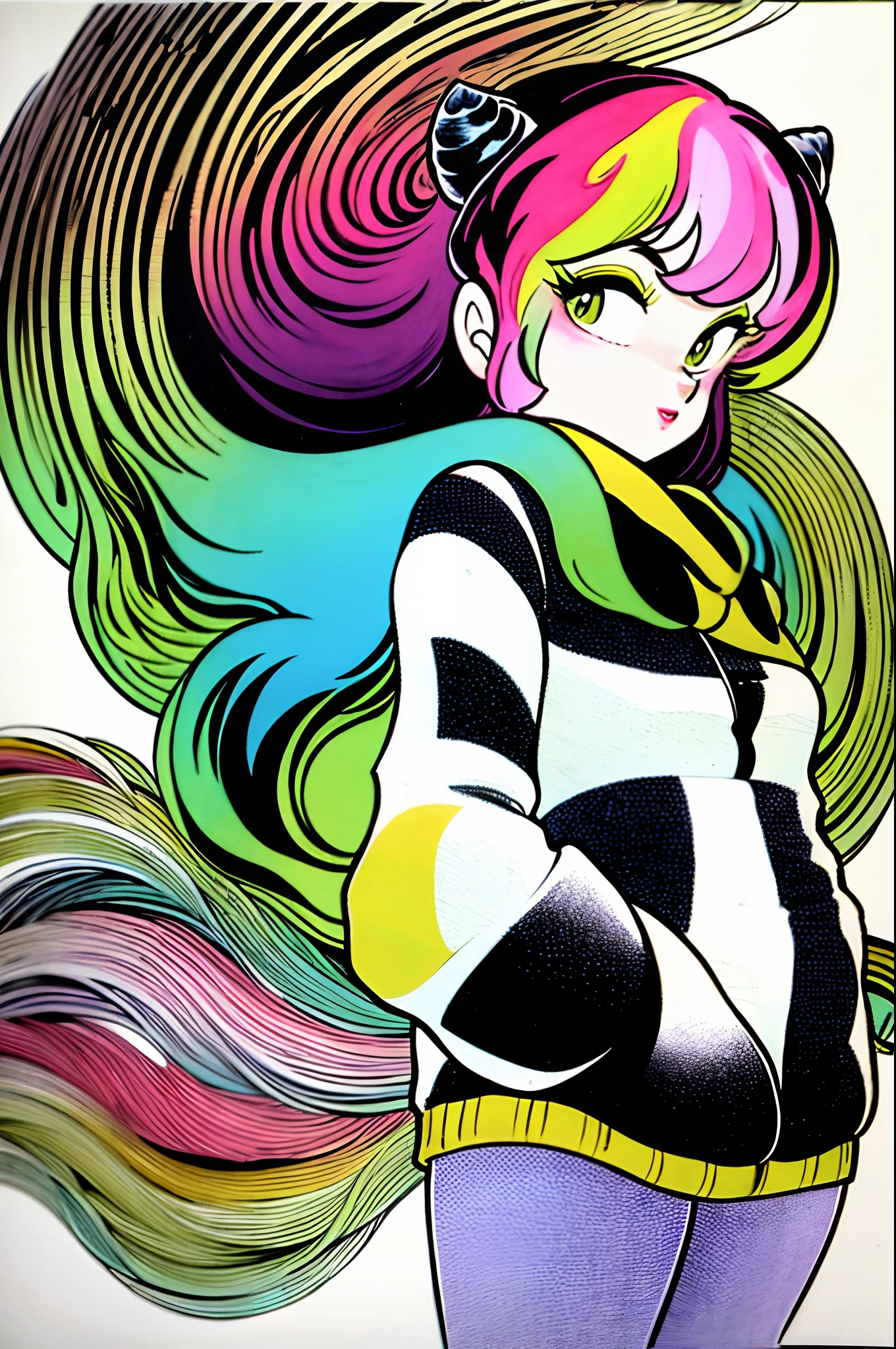 1girl, solo, horns, scarf, long hair, lum, sweater, green hair, white background, pink sweater, green eyes, makeup, hands in pockets, multicolored hair, 1980s (style), simple background, casual, oni horns, eyeshadow, belt, traditional media, pointy ears, floating hair, retro artstyle, oni, full body