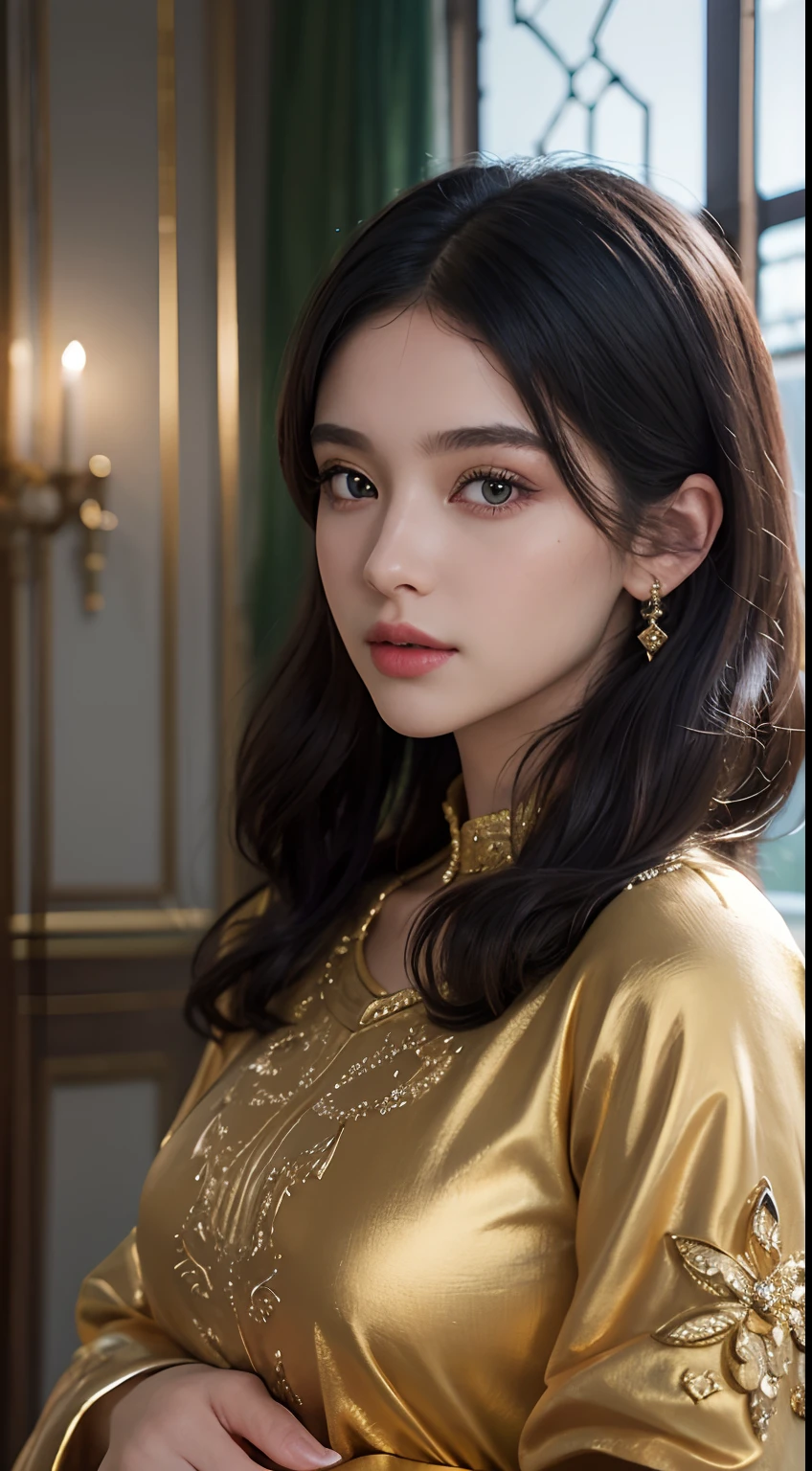 (master piece: 1.3), (8k, photoreallistic, Photo brute, beste-Qualit: 1.4), (1fille), beau visage, (realistic face), (cheveux rouges , cheveux long rouges1.3), belle coiffure, Realistic Crystal Brilliant Bright Eyes Bright, beautiful detailed eyes brilliant European beauty, (realistic skin), belle peau, (tirer), absurdes, attrayant, ultra highres, ultra realist, highly detailed, Golden number wearing a Moroccan Islamic caftan outfit half black half blue