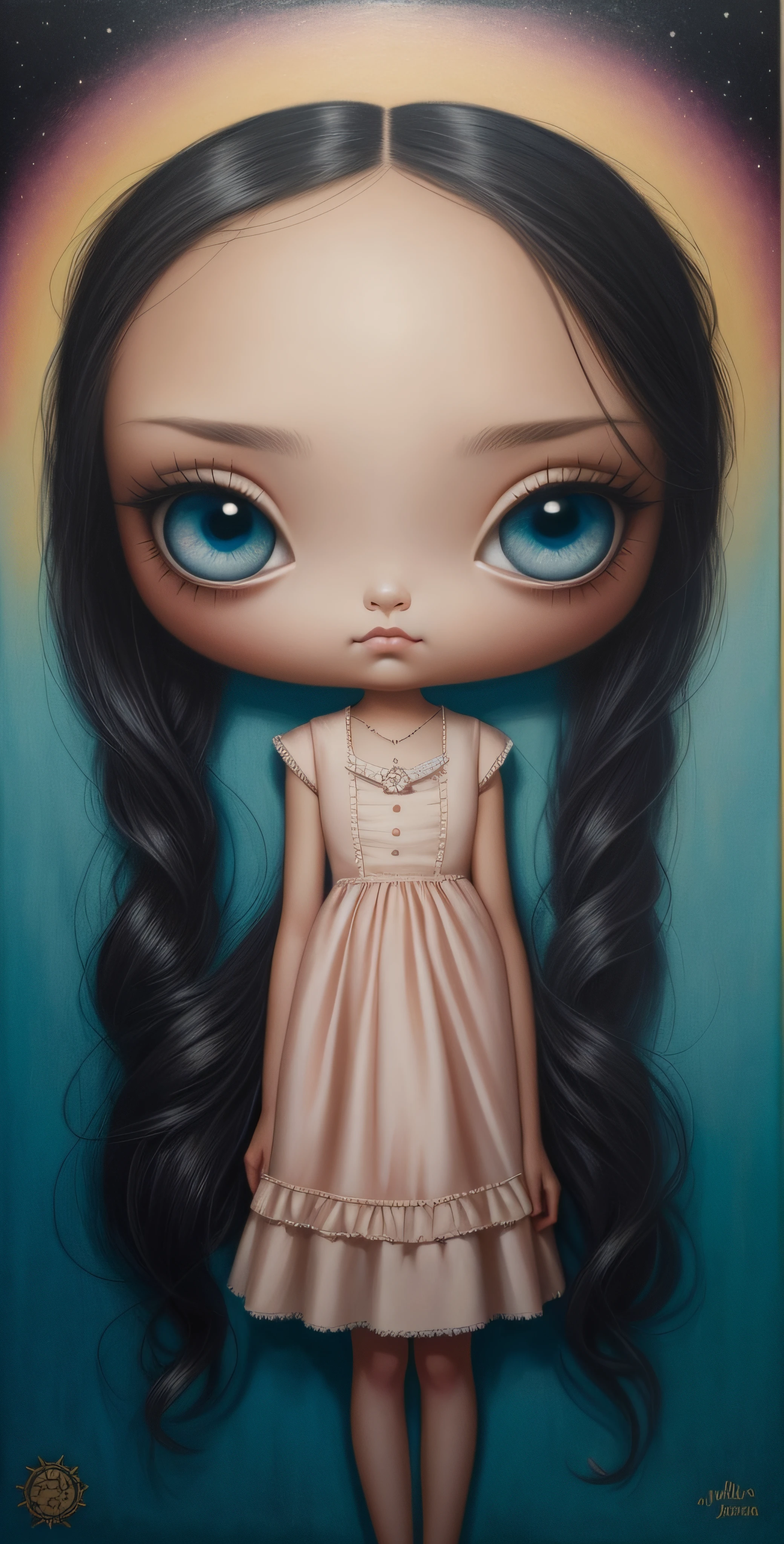 Pintura de una chica con cabello largo y un vestido con una nariz grande, inspirado por Mark Ryden, Estilo de Mark Ryden, Estilo Mark Ryden, benjamin lacombe, Mark Ryden muy detallado, Mark Ryden en el estilo de, Inspirado en Nicoletta Ceccoli, cortando el aire. Surrealismo pop, inspirado por Margaret Keane, !!!Esao Andrews!!!