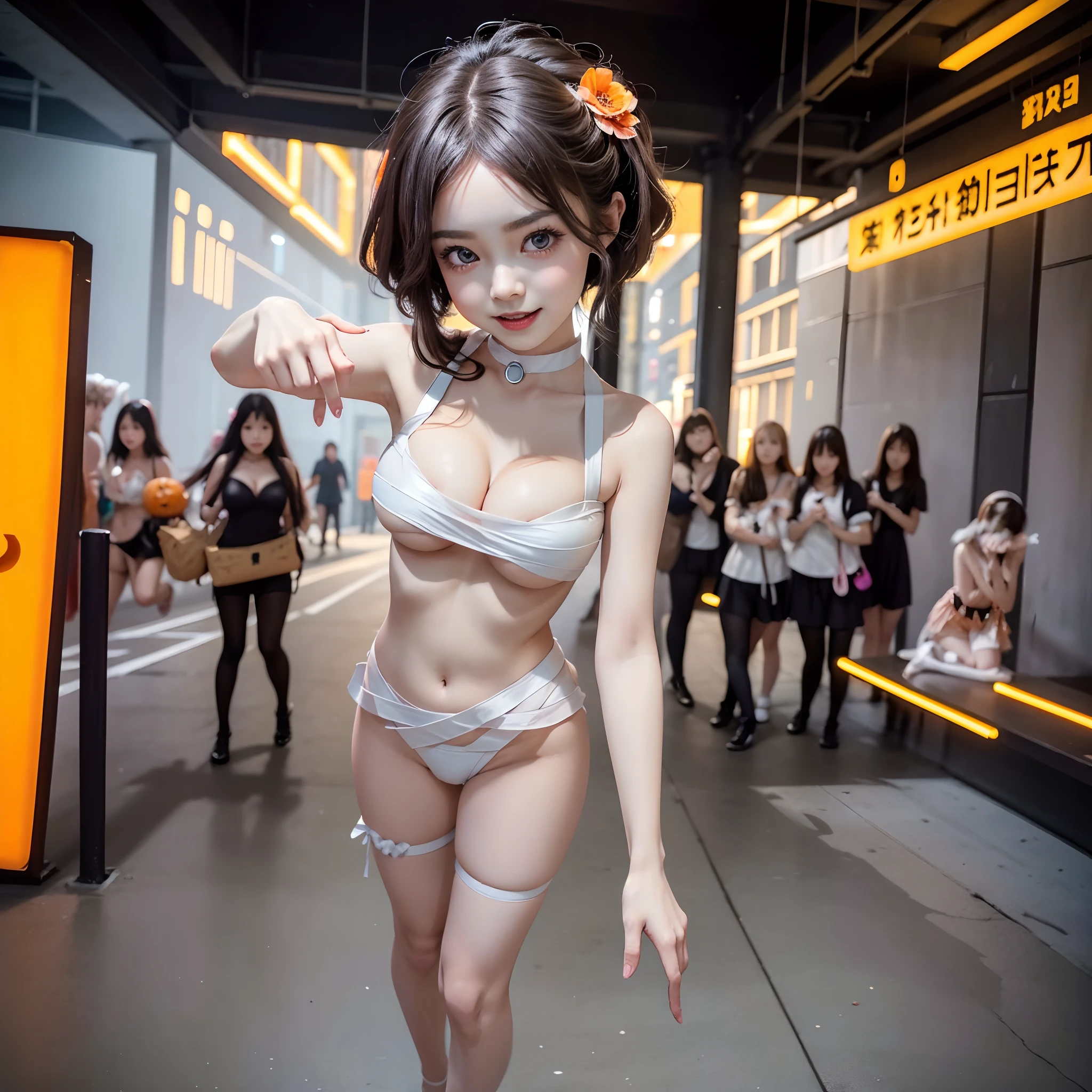 (((NSFW STILL SHOW, 12 Tiny Girls in a row:1.2, Shibuya Hachiko-mae scramble crossing on Halloween:1.2))), ((masterpiece:1.2, best quality, photorealistic:1.37)), {(Standing Full Body:1.2)|(from below:1.2)}, short silver hair, {School Uniform|naked bandage|tutu}, ((Detailed KAWAII face), Detailed Oily Porcelain skin), {Bustling street|(Passerby schoolgirls)| halloween| neon}, {(Childish:1.2|Gigantic Cleavage:1.37|Underboob:1.2)}, {flower wreath|Red leather high collar}, {Kissing face to face|Floating hair|Strong wind|(Ass focus)},{:p|:d|laugh|sparkle|joyful|delighted},extremely Detailed,