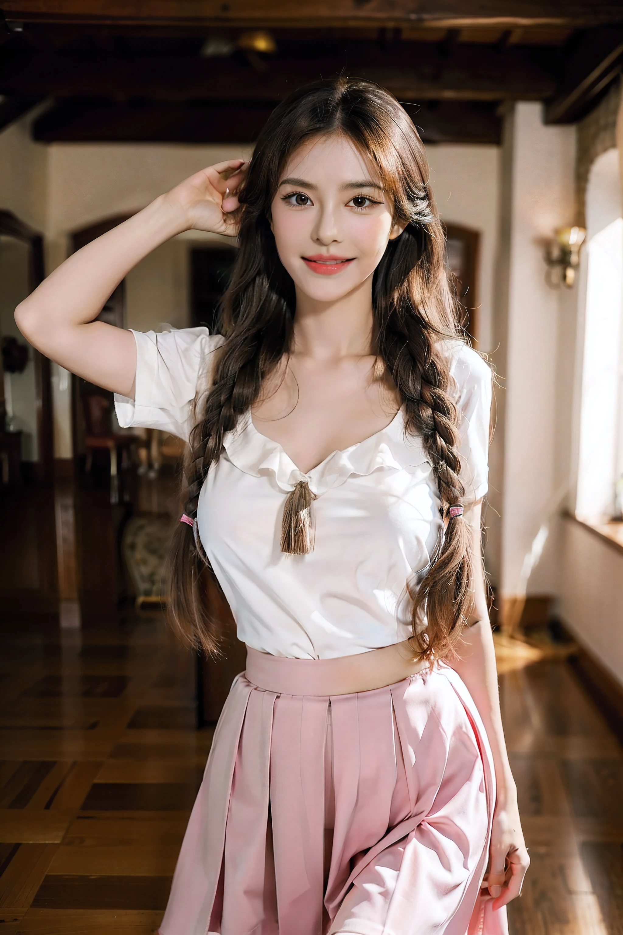 Masterpiece, Best quality, Realistic, Full-HD, 1 girl, Real girl, Long brown hair, Exercise, Braided hair, ribbon on hair, Golden eyes, Brown skin, medium boob, Happy face, Big smile, Open mouth, Traditional Mexican skirt, Pink Mexican skirt, Dynamic movements, White blouse, Short sleeves, Red high heels, dynamic dance pose, full bodyesbian, Perfect anatomy,Bigchest,cleavage