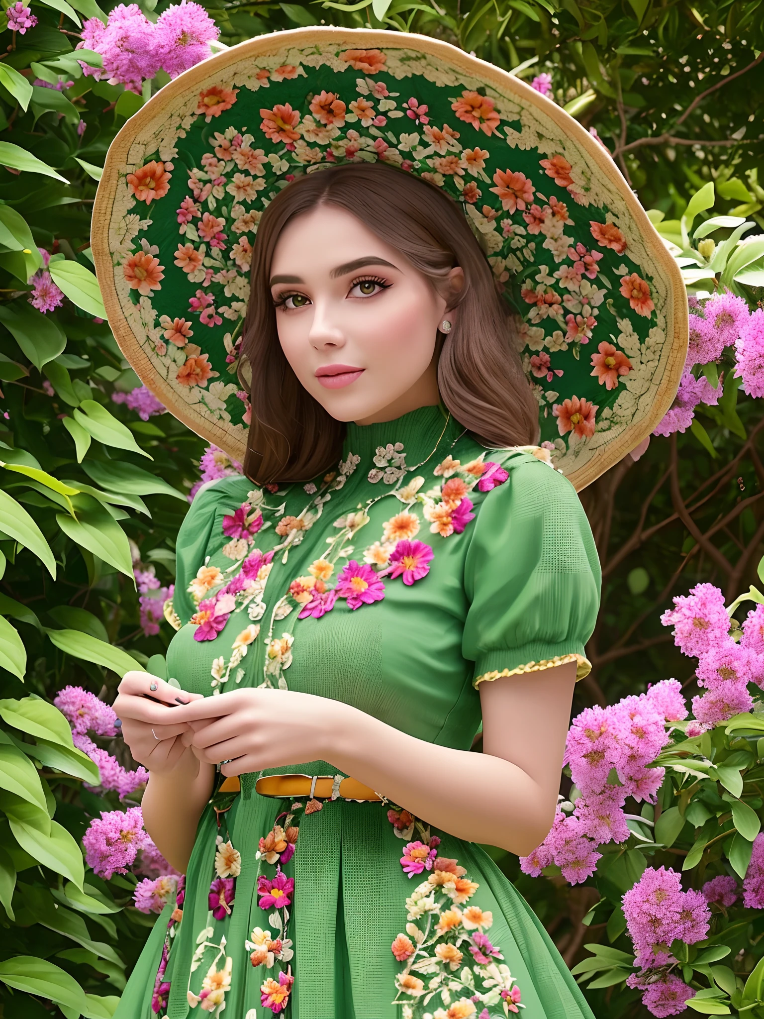 A realistic image of a beautiful woman dressed in costumes from the 20's, em um jardim florido e exuberante. A mulher deve estar cercada por flores coloridas, with an elegant hat and a vintage dress that reflects the fashion of the time. The image should have a resolution of 8k to ensure sharp detail, and the garden scenery should be lit up as if it were in a photographic studio, destacando a beleza da mulher e das flores de forma realista. --auto --s2