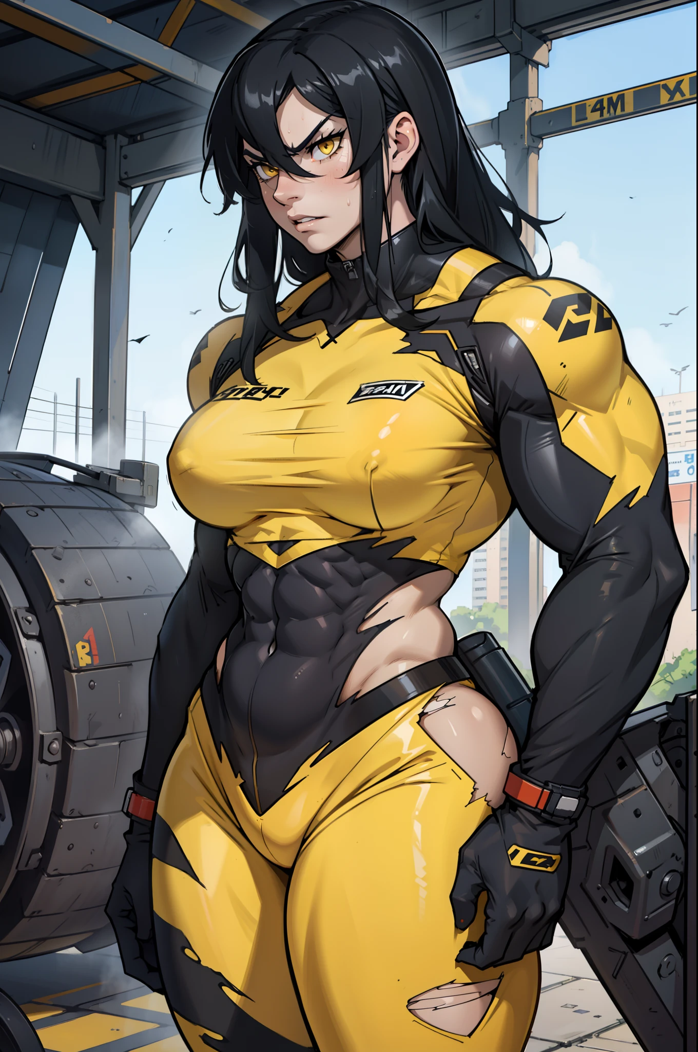 black hair, yellow eyes, solo, sweaty, shiny skin, angry, pale skin, ((((((muscular, 1girl)))))), curvy, thin waist, very long hair, cowboy shot, sweaty, perky breasts, pilot suit, torn clothes