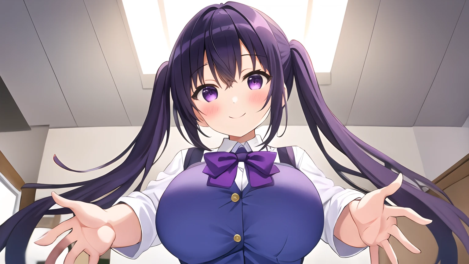 masterpiece, 1girl, pov, smile, (purple black hair), twin tails, huge breast, white Shirt, School uniform, Ceiling, upper body, from below, reaching out