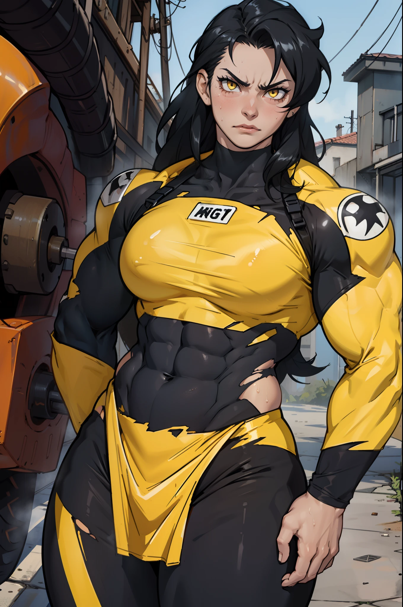 black hair, yellow eyes, solo, sweaty, shiny skin, angry, pale skin, ((((((muscular, 1girl)))))), curvy, thin waist, very long hair, cowboy shot, sweaty, perky breasts, pilot suit, torn clothes