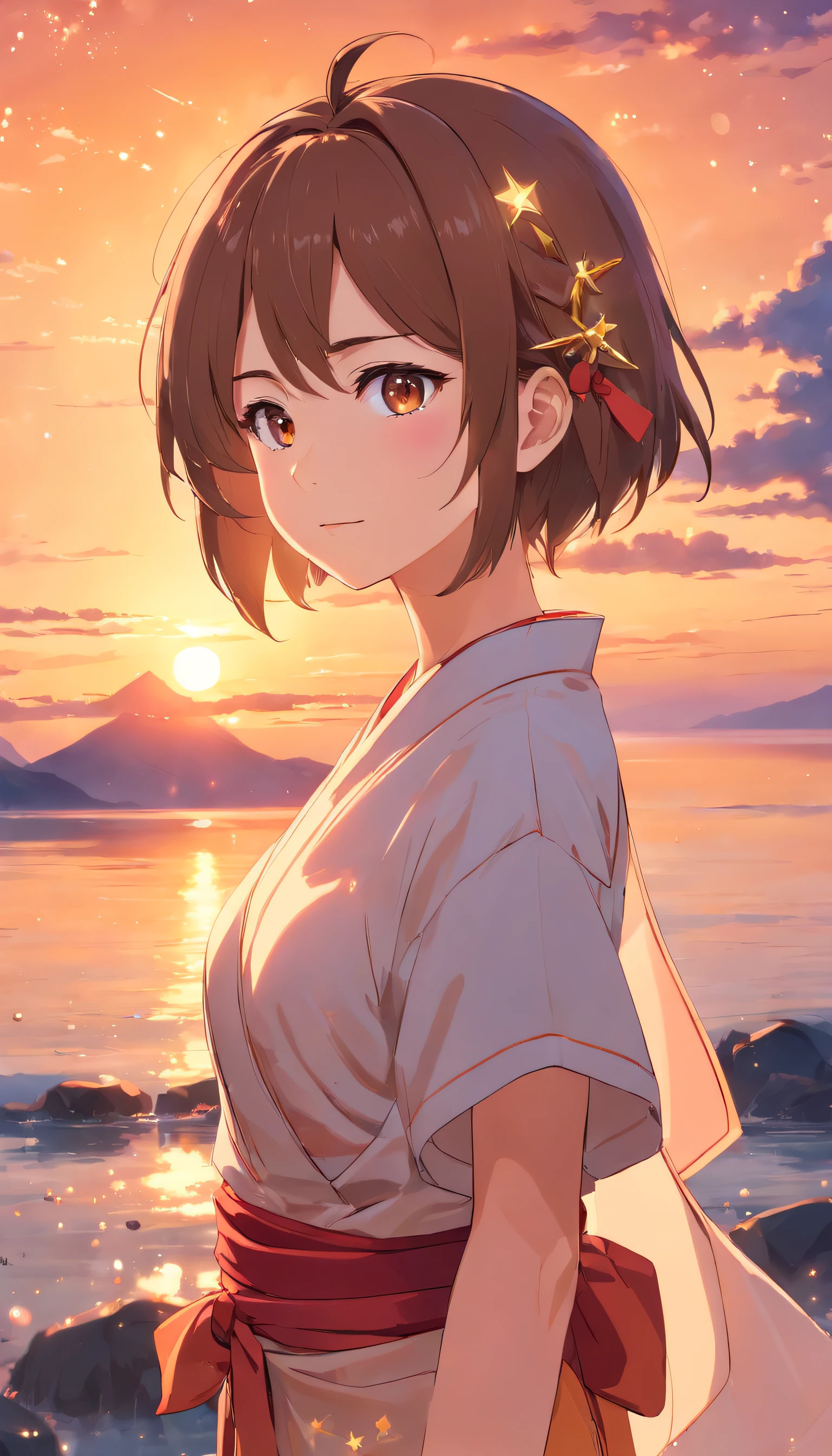 Best Quality, Unity 8k Wallpapers, 32K, masterpiece, ultra-detailliert, high resolution, cinematic Film still from,1girl,cute, delicate facial features, short brown-haired silk girl,brown eyes, realistic pupils, detailed eyes, full body, a black and red kimono, platinum necklace, starrysky,brightly,glitters,the sunset,full bodyesbian,Barefoot(spark of light:0.7)