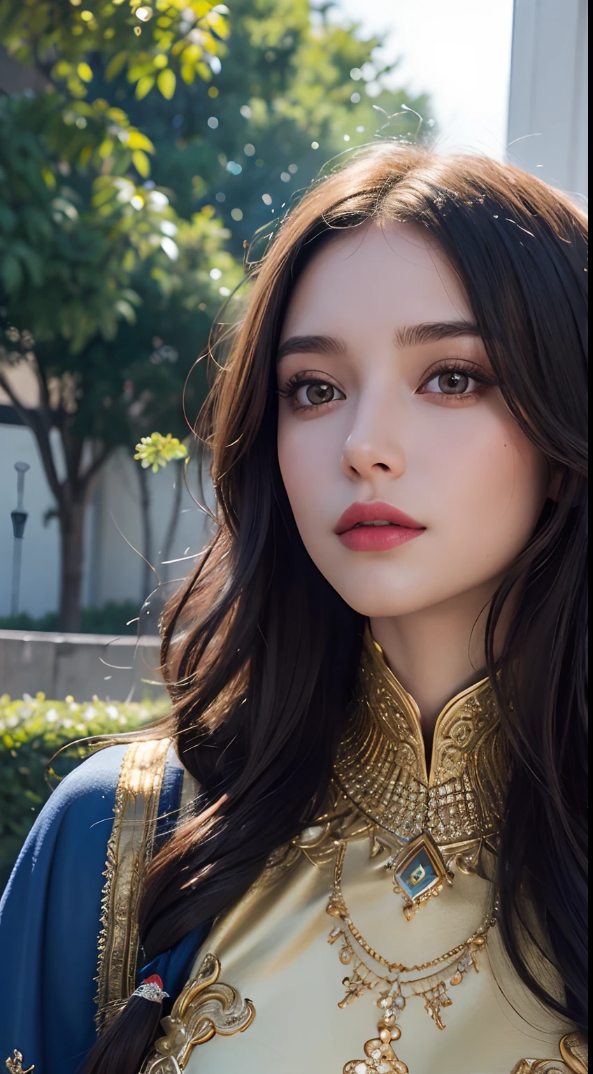 (master piece: 1.3), (8k, photoreallistic, Photo brute, beste-Qualit: 1.4), (1fille), beau visage, (realistic face), (cheveux rouges , cheveux long rouges1.3), belle coiffure, Realistic Crystal Brilliant Bright Eyes Bright, beautiful detailed eyes brilliant European beauty, (realistic skin), belle peau, (tirer), absurdes, attrayant, ultra highres, ultra realist, highly detailed, Golden number wearing a Moroccan Islamic caftan outfit half red half blue
