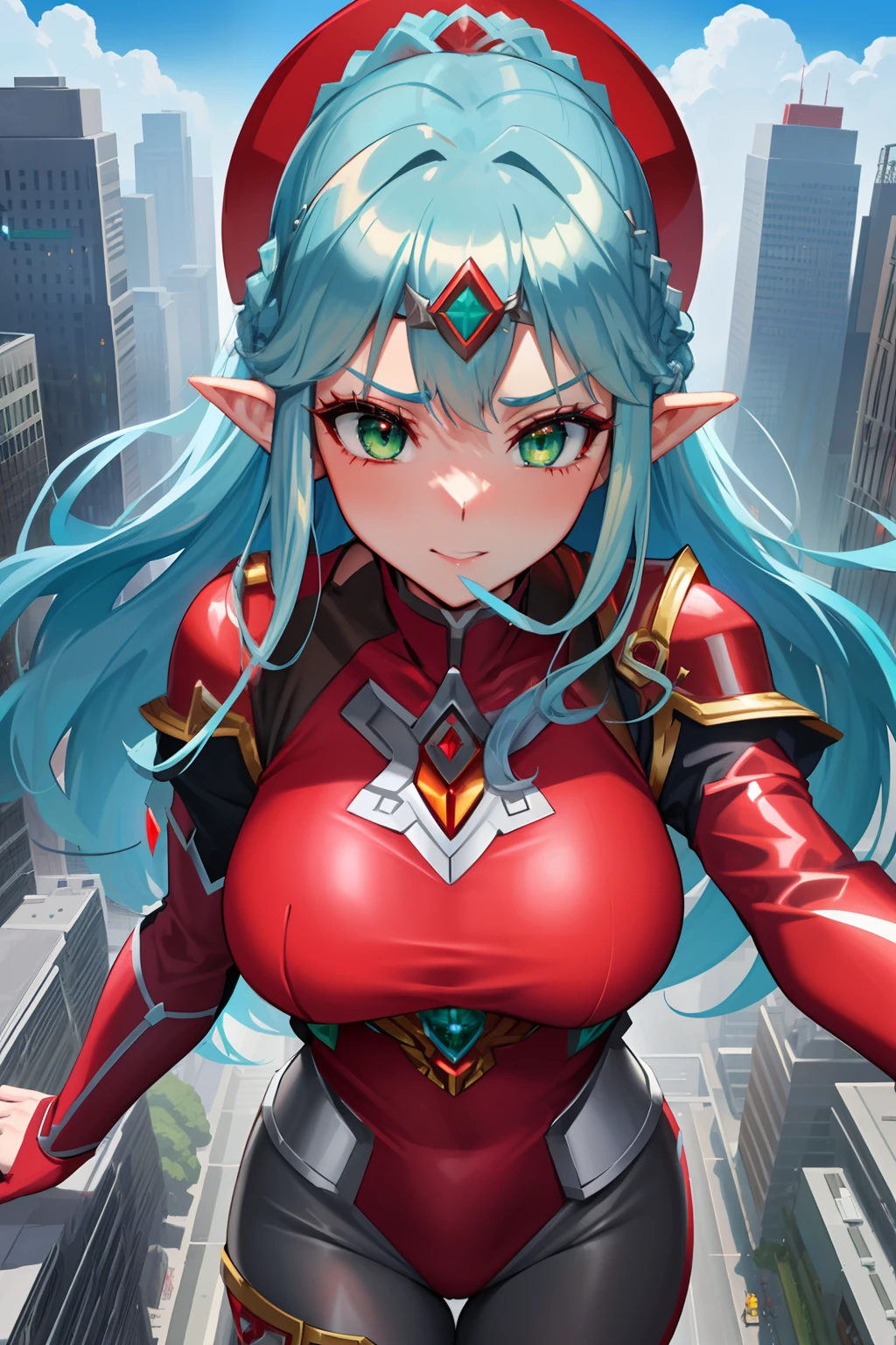 entire body image, standing, Princess Zelda Giant, (Red with silver clothing:1.5), as Ultraman, Overroom 1, Very tight tights, heavy makeup on her face, Light blue gemstone on cuirass, helmet on her head, red lipstick on his mouth, (Her green eyes:1.5, Blue hair:1.5), Look at the audience from the front, She is in a futuristic city,Several monsters attacked the building, Tokusatsu, Ultraman, Anime style, Cinematic lighting, 16k, hyper HD, Masterpiece, Best quality, High details