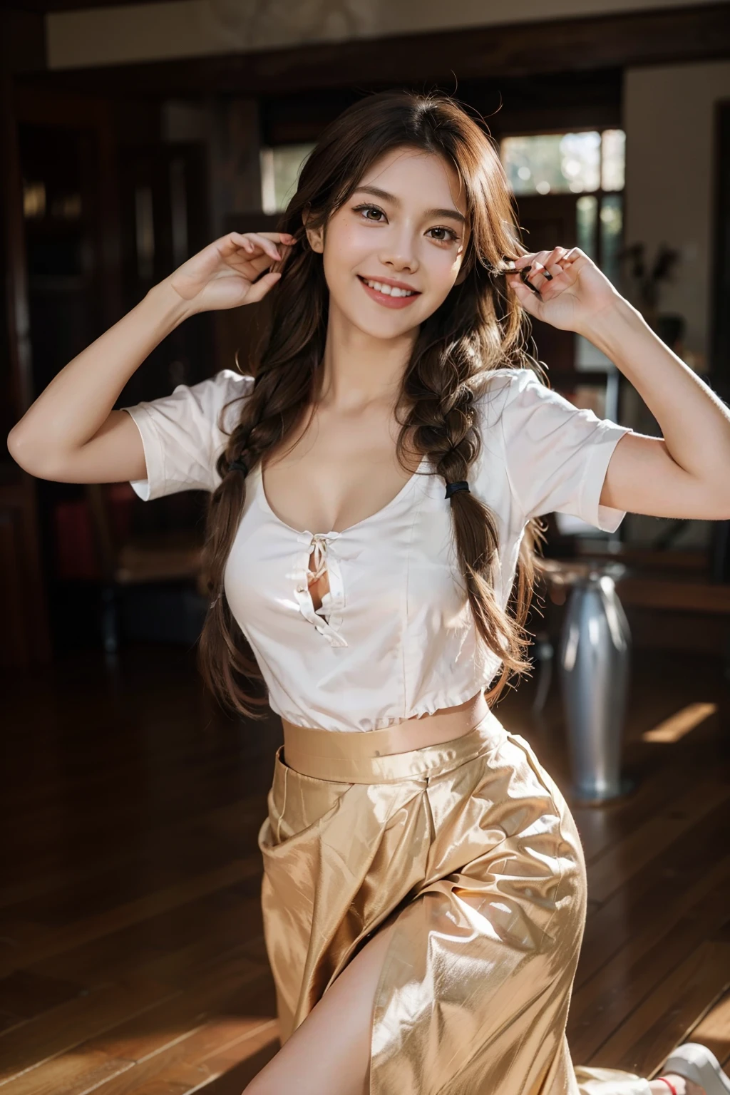 Masterpiece, Best quality, Realistic, Full-HD, 1 girl, Real girl, Long brown hair, Exercise, Braided hair, ribbon on hair, Golden eyes, Brown skin, medium boob, Happy face, Big smile, Open mouth, Traditional Mexican skirt, Pink Mexican skirt, Dynamic movements, White blouse, Short sleeves, Red high heels, dynamic dance pose, full bodyesbian, Perfect anatomy,Bigchest,cleavage