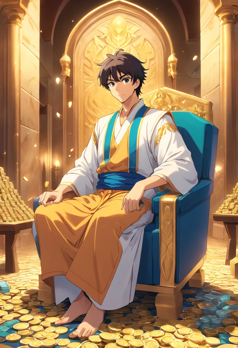 Urabe from Captain Tsubasa as an Arab Royal Man, Sitting on a Throne, Inside palace, surrounded by dollars ,gems and gold coins, a treasure. looking to the camera
