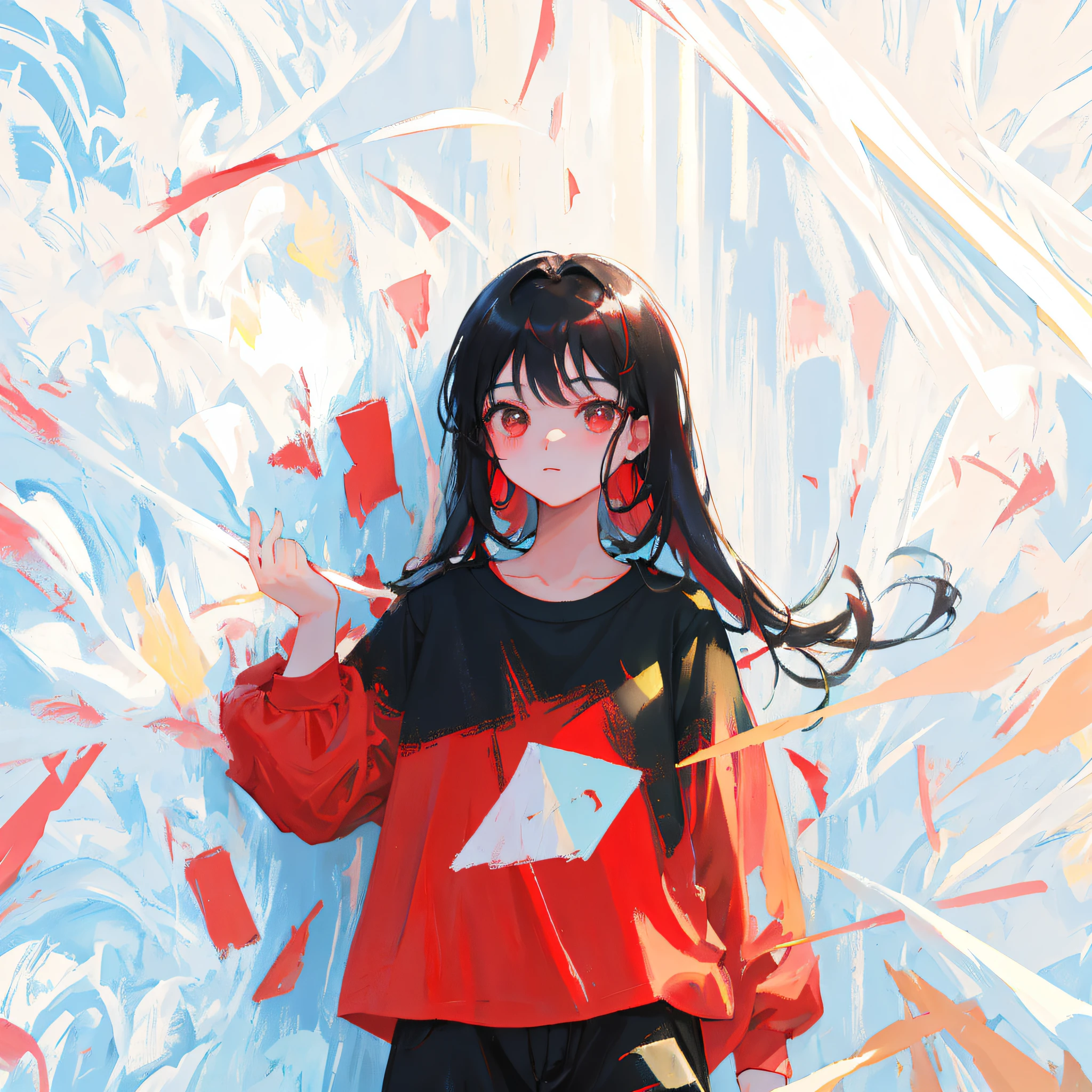 (Realistic painting style:1.0), Masterpiece, Best quality, absurderes, comic strip, illustration,
1 girl, Long hair, Black hair, Cute girl, young and cute girl, Korean girls, {Breasts},
A girl in a red T-shirt stands against the wall, ulzzangs, Red T-shirt, Red shirt, Black shorts,